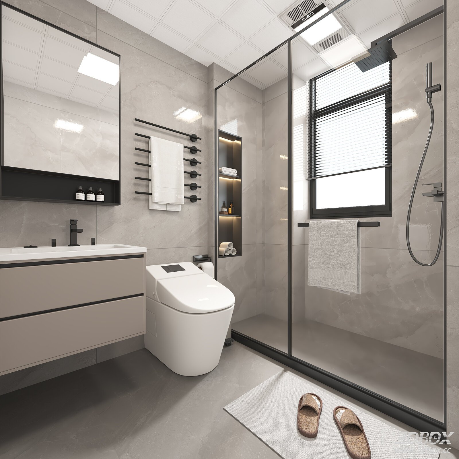 Modern Minimalist Bathroom Scene with Smart Toilet and Shower Enclosure 3D model - front view