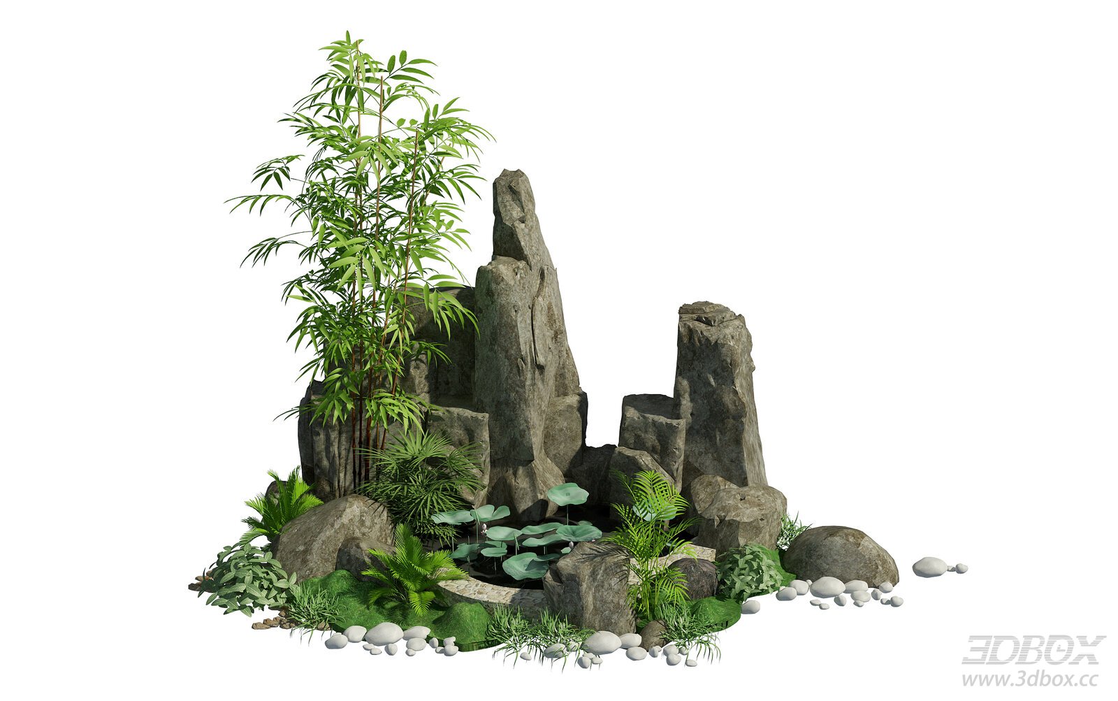 New Chinese Style Zen Garden Rockery Landscape Set 3D model - front view