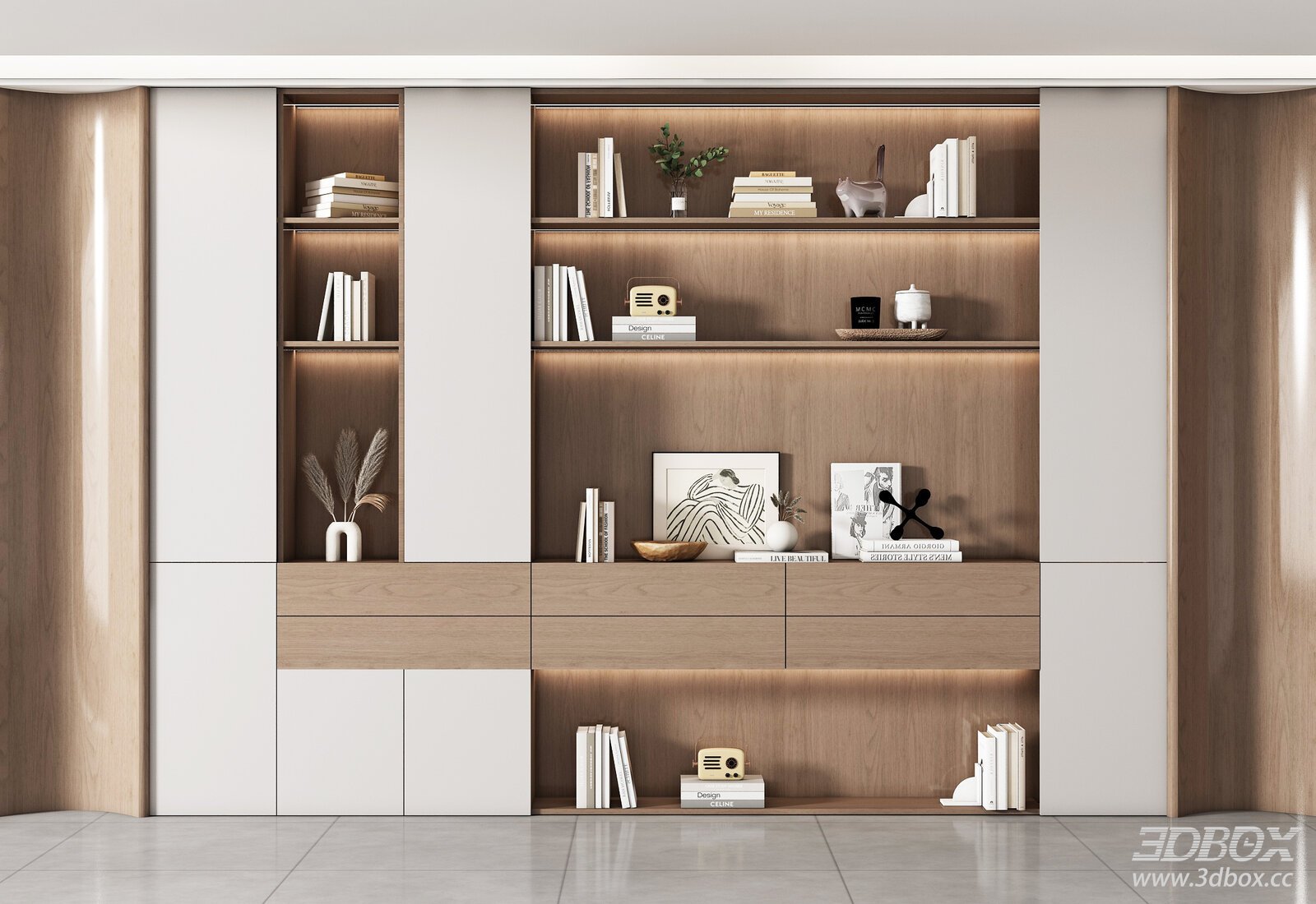 Modern Built-in Bookshelf Display Cabinet with Decorations 3D model - front view