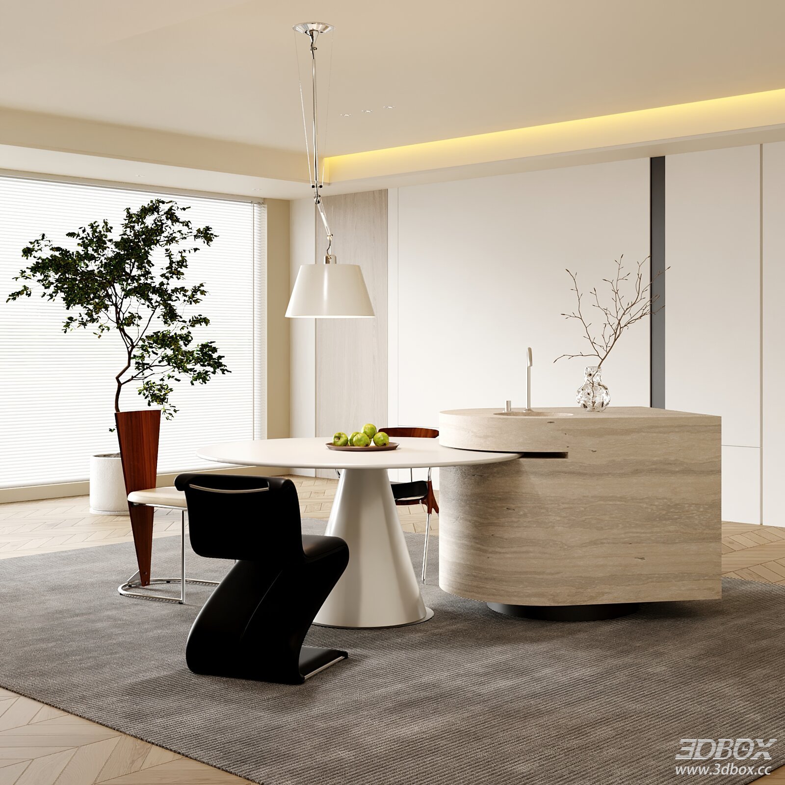 Modern Minimalist Dining Room with Kitchen Island 3D model - front view