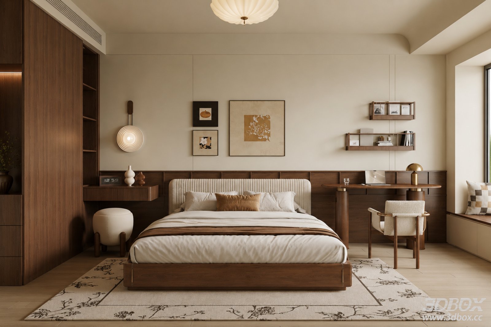 Mid-Century Modern Master Bedroom Interior Scene 3D model - front view