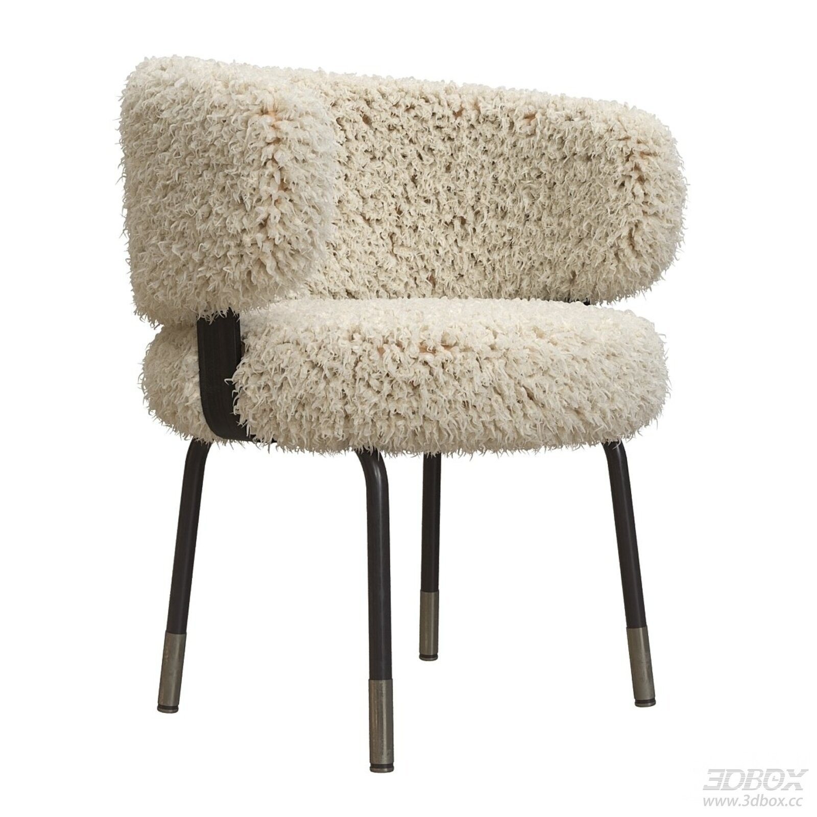 Fluffy Cream Teddy Fabric Dining Chair with Dark Metal Legs 3D model - front view