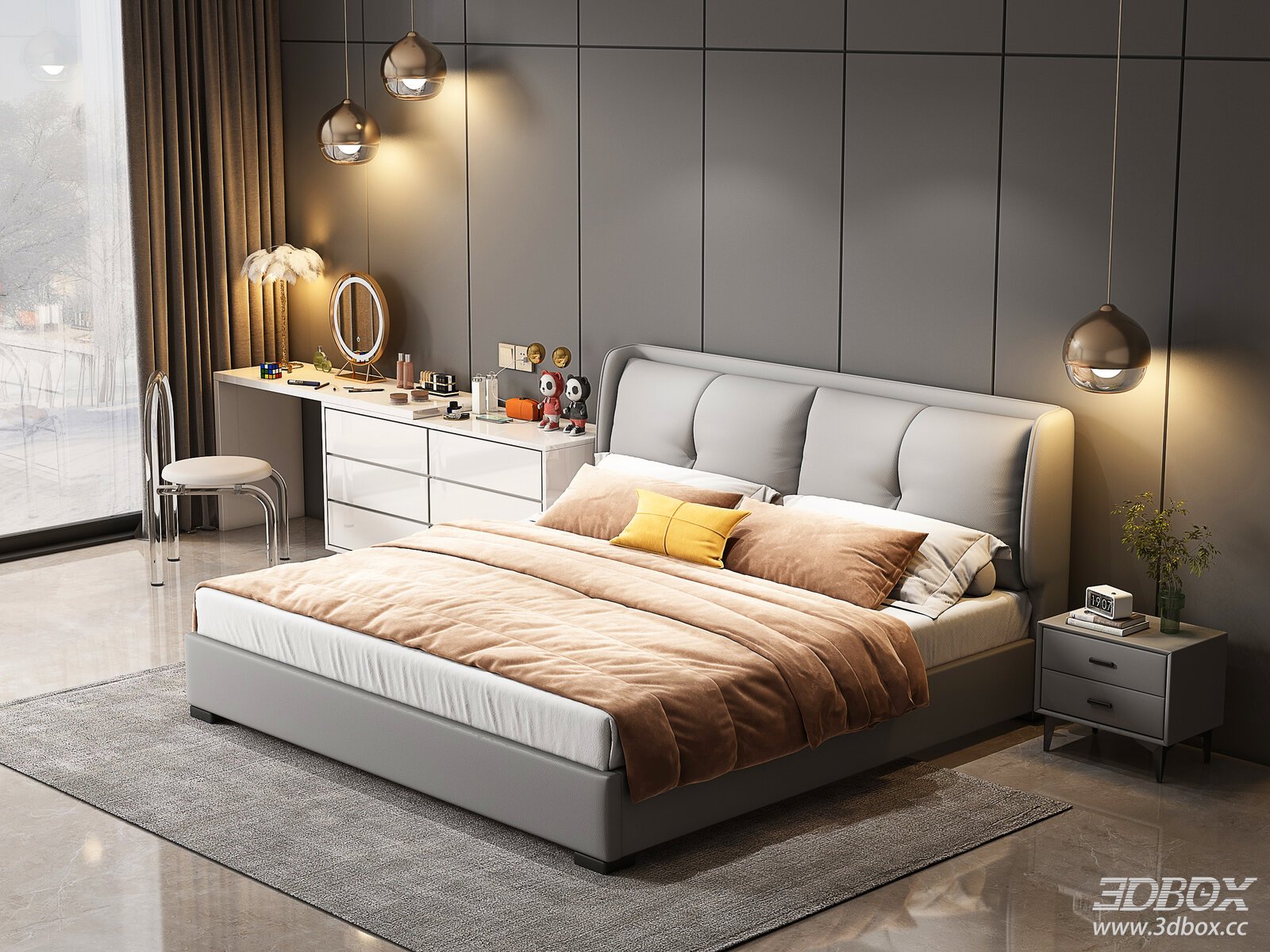 Modern Minimalist Luxury Bedroom with Leather Bed and Dressing Table 3D model - front view