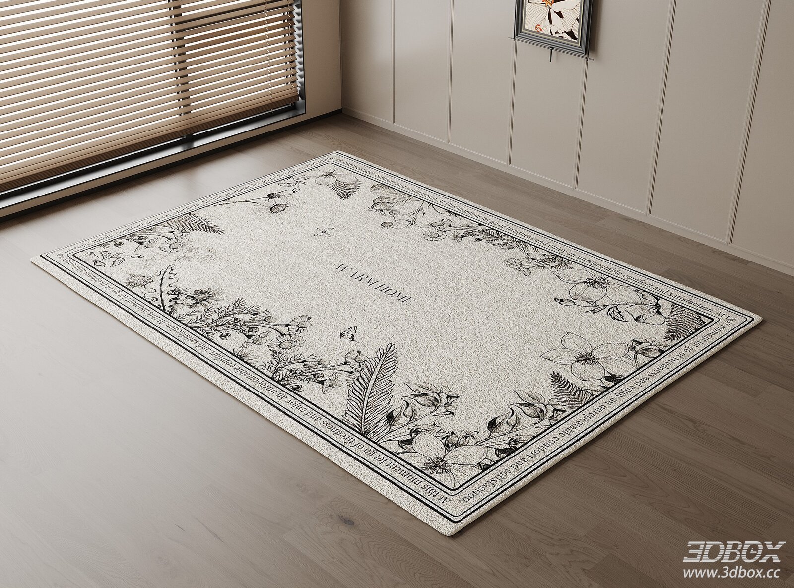 Vintage Floral Pattern Plush Fabric Carpet 3D model - front view