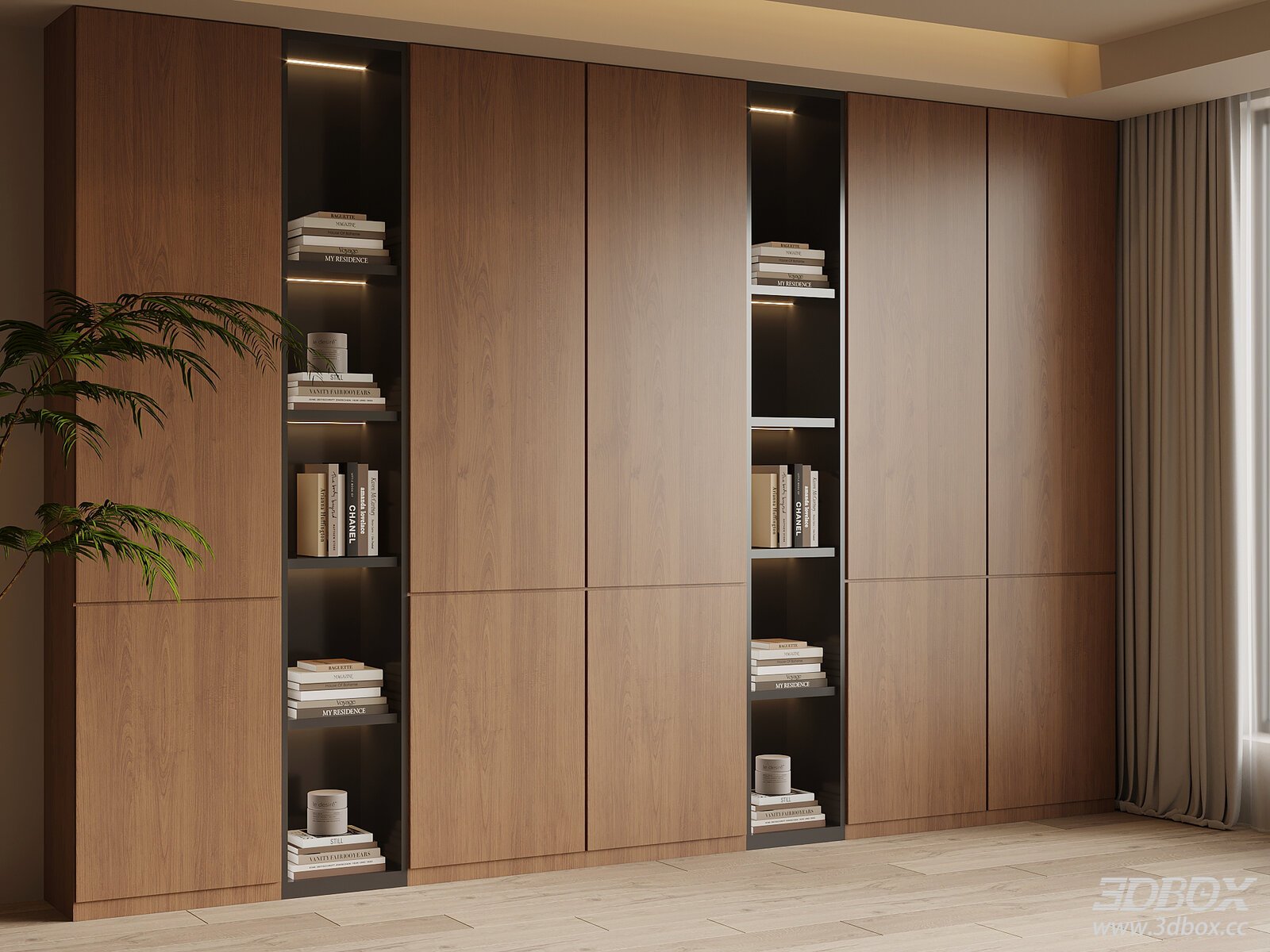 Mid Century Walnut Wood Built-in Book Display Cabinet 3D model - front view