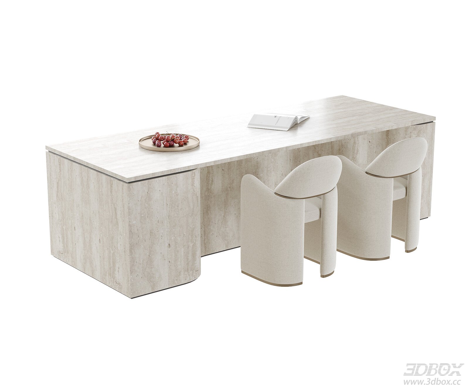 Modern Travertine Dining Table and Fabric Chairs Set 3D model - front view
