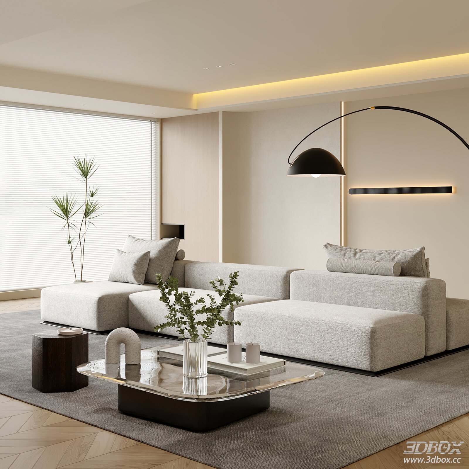 Modern Minimalist Living Room Interior Scene 3D model - front view