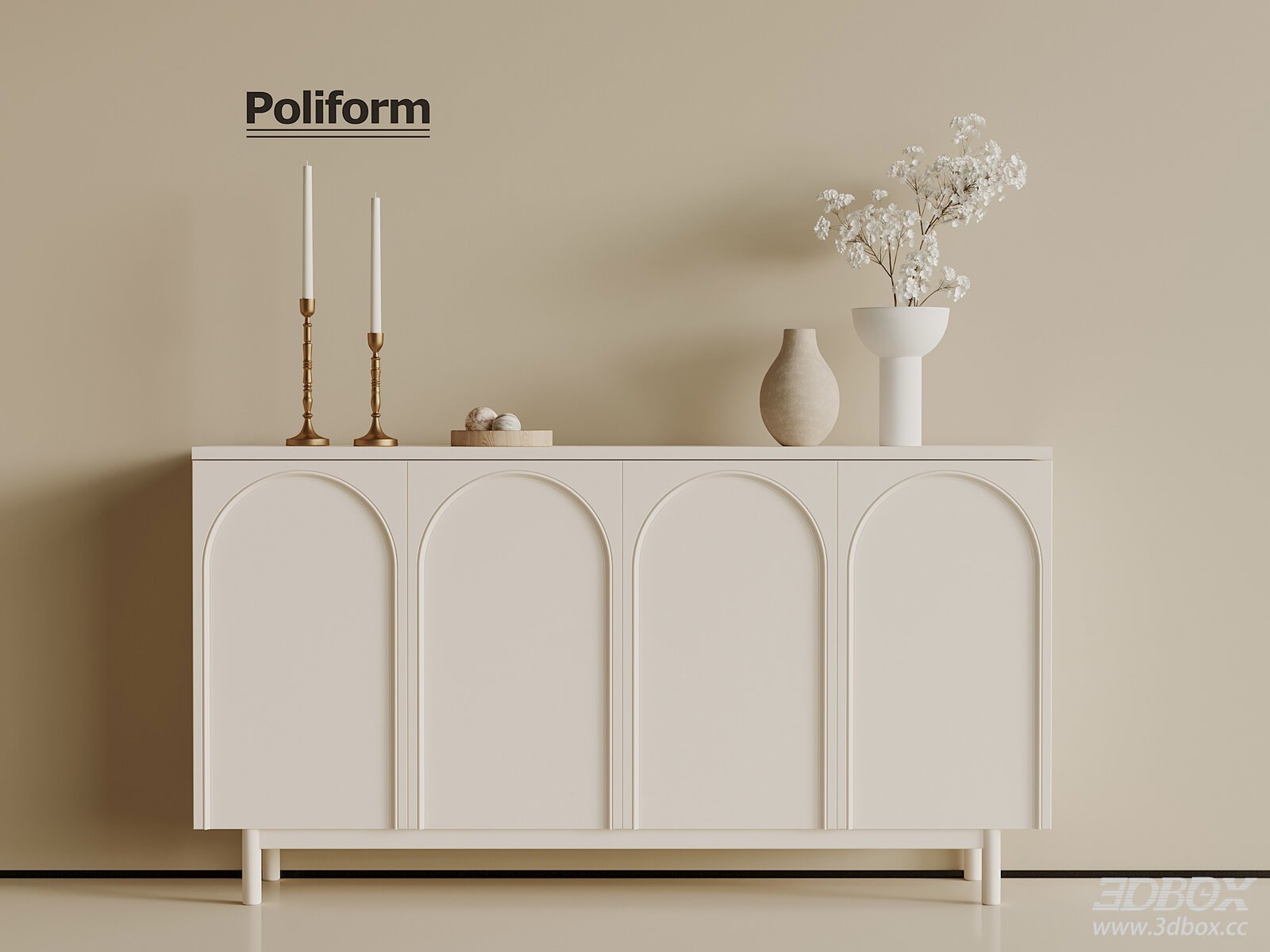 French Style Cream Sideboard with Decor 3D model - front view