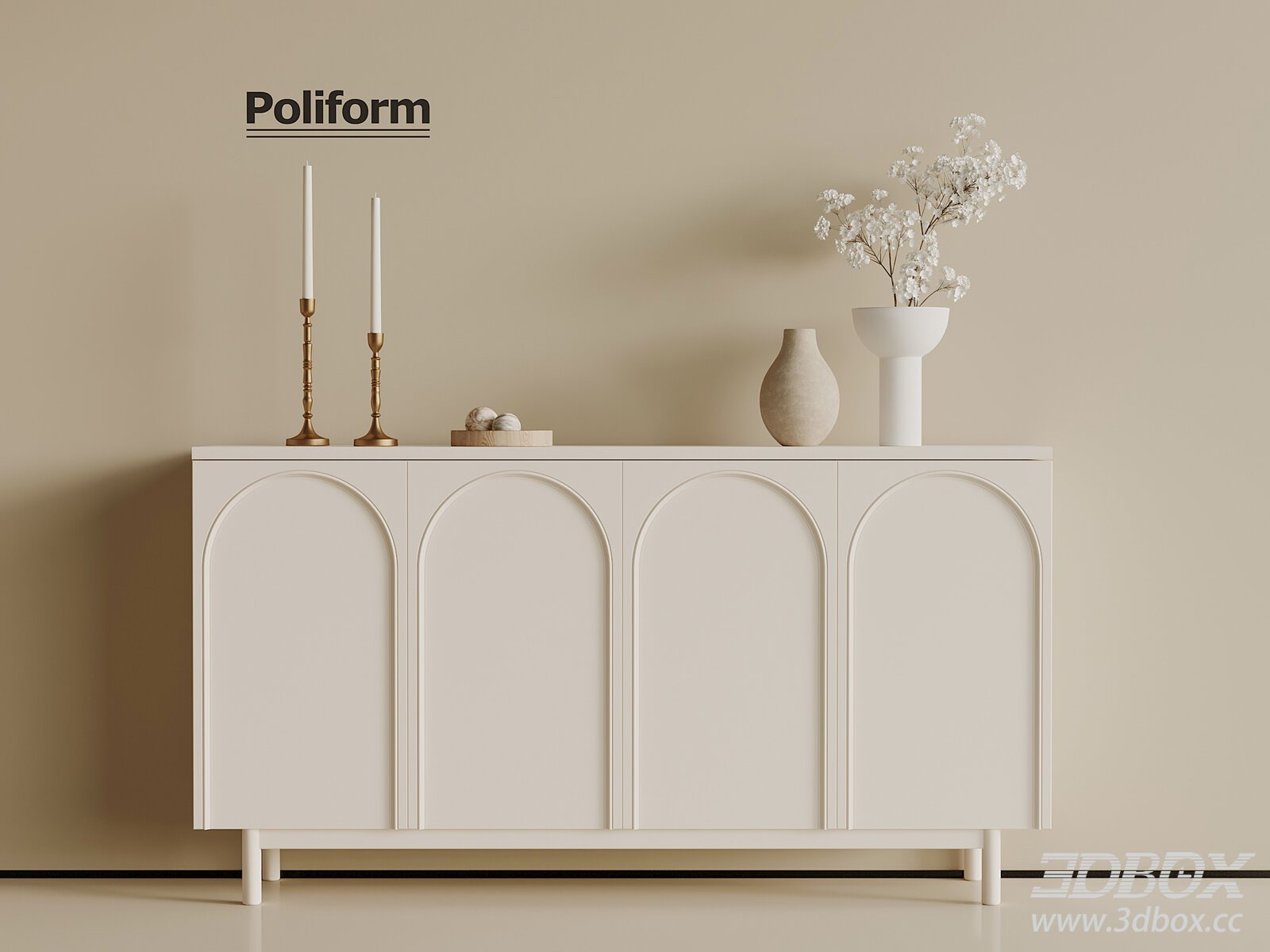 French Style Cream Sideboard with Decor 3D model - thumbnail 1