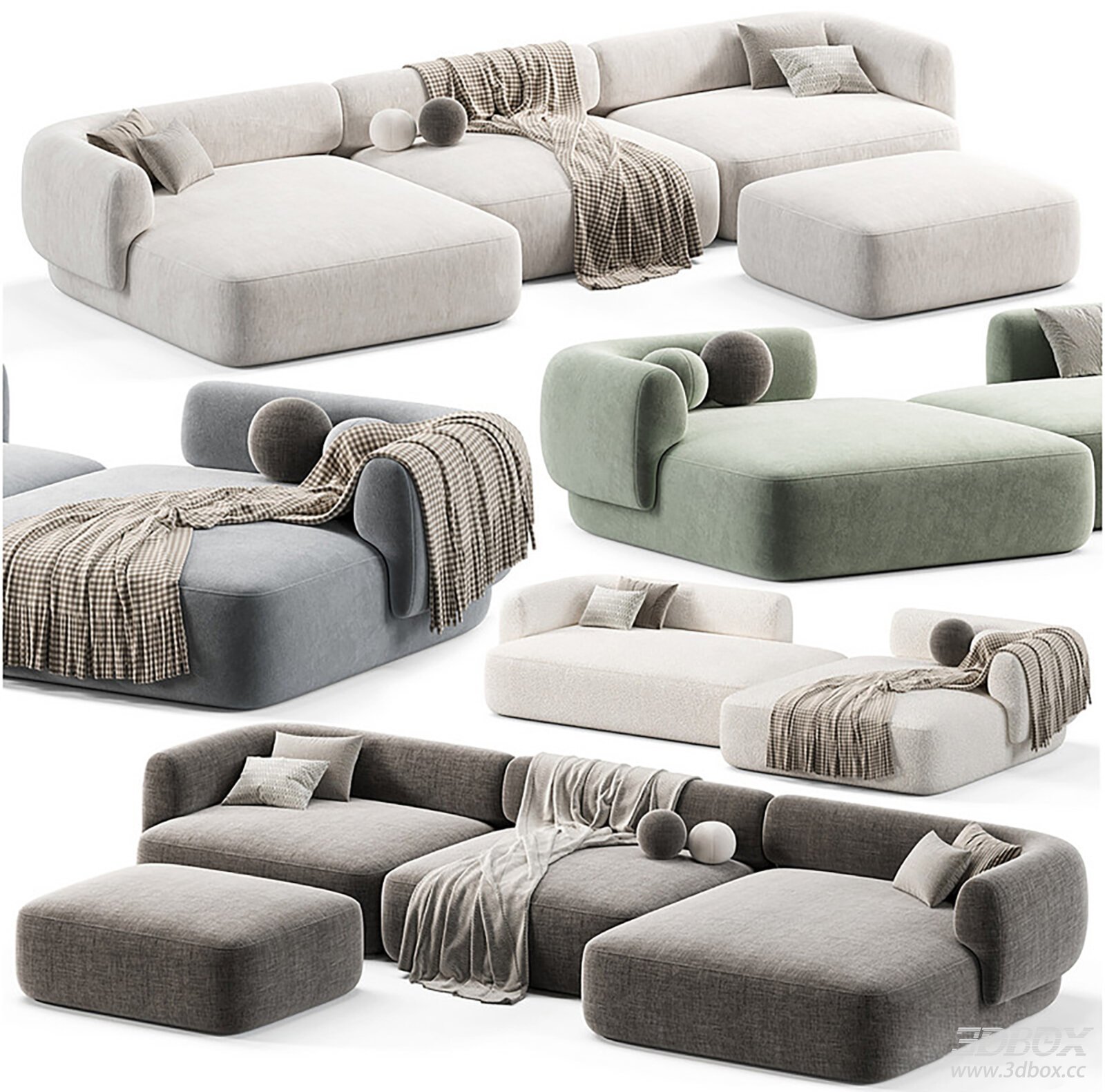 Modular Sectional Fabric Sofa Set with Ottoman and Pillows 3D model - front view