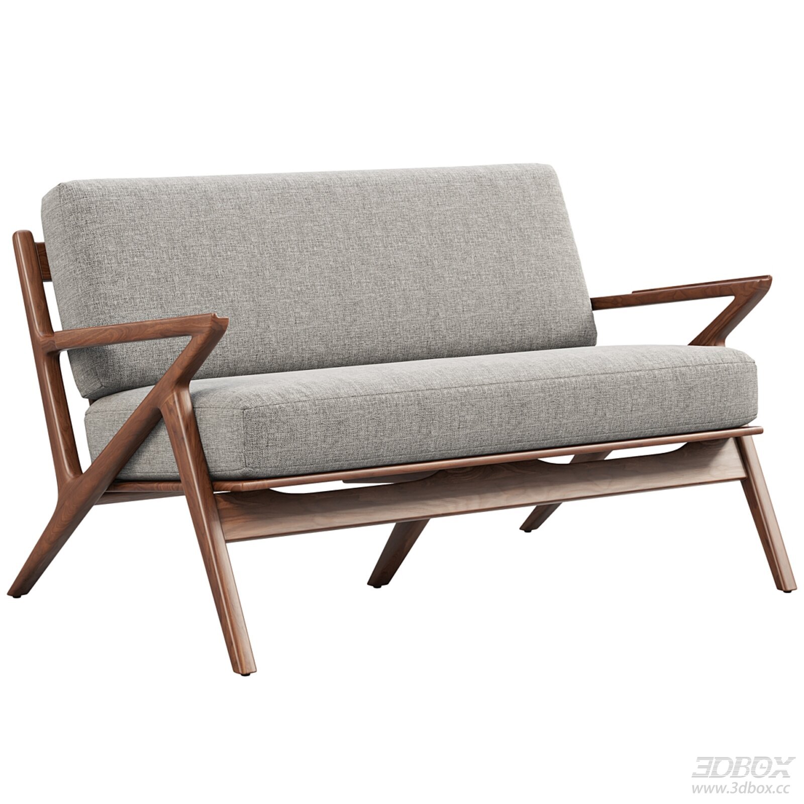 Mid Century Modern 2-seater Loveseat with Walnut Wood Frame 3D model - front view