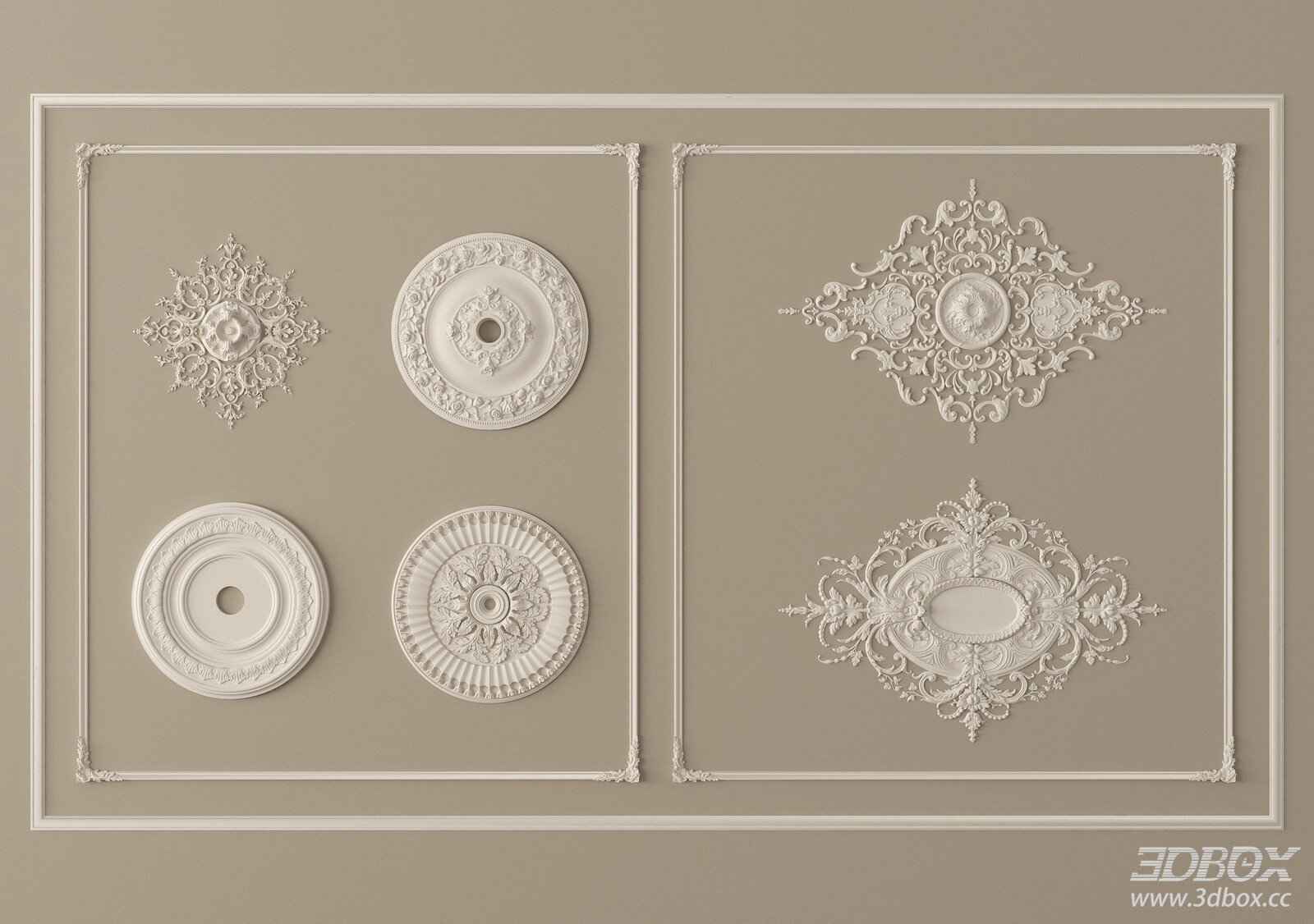 French Vintage Carved Decorative Plaster Ceiling Rosette Set 3D model - front view