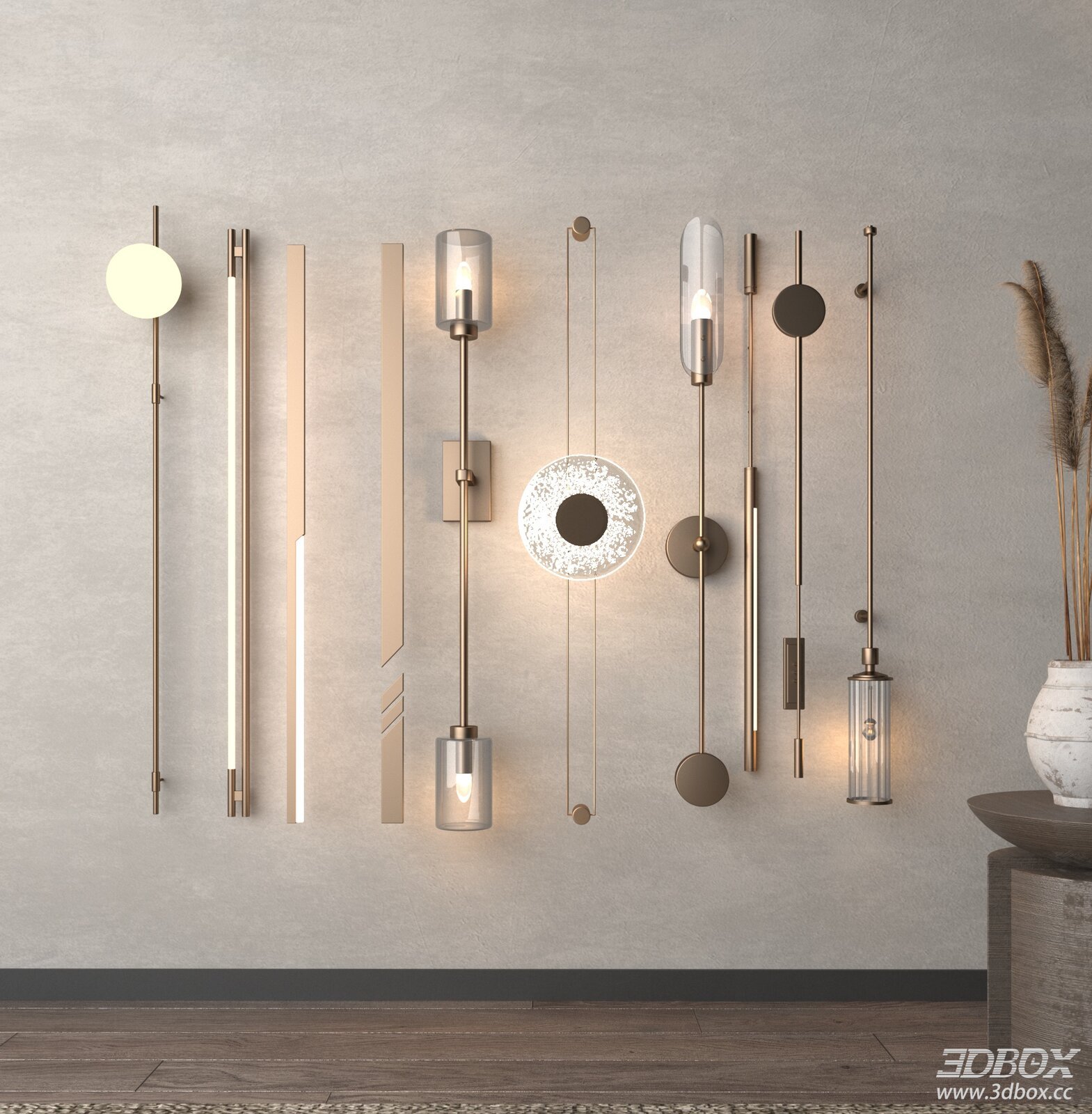 Modern Brass Glass Wall Light Set 3D model - front view