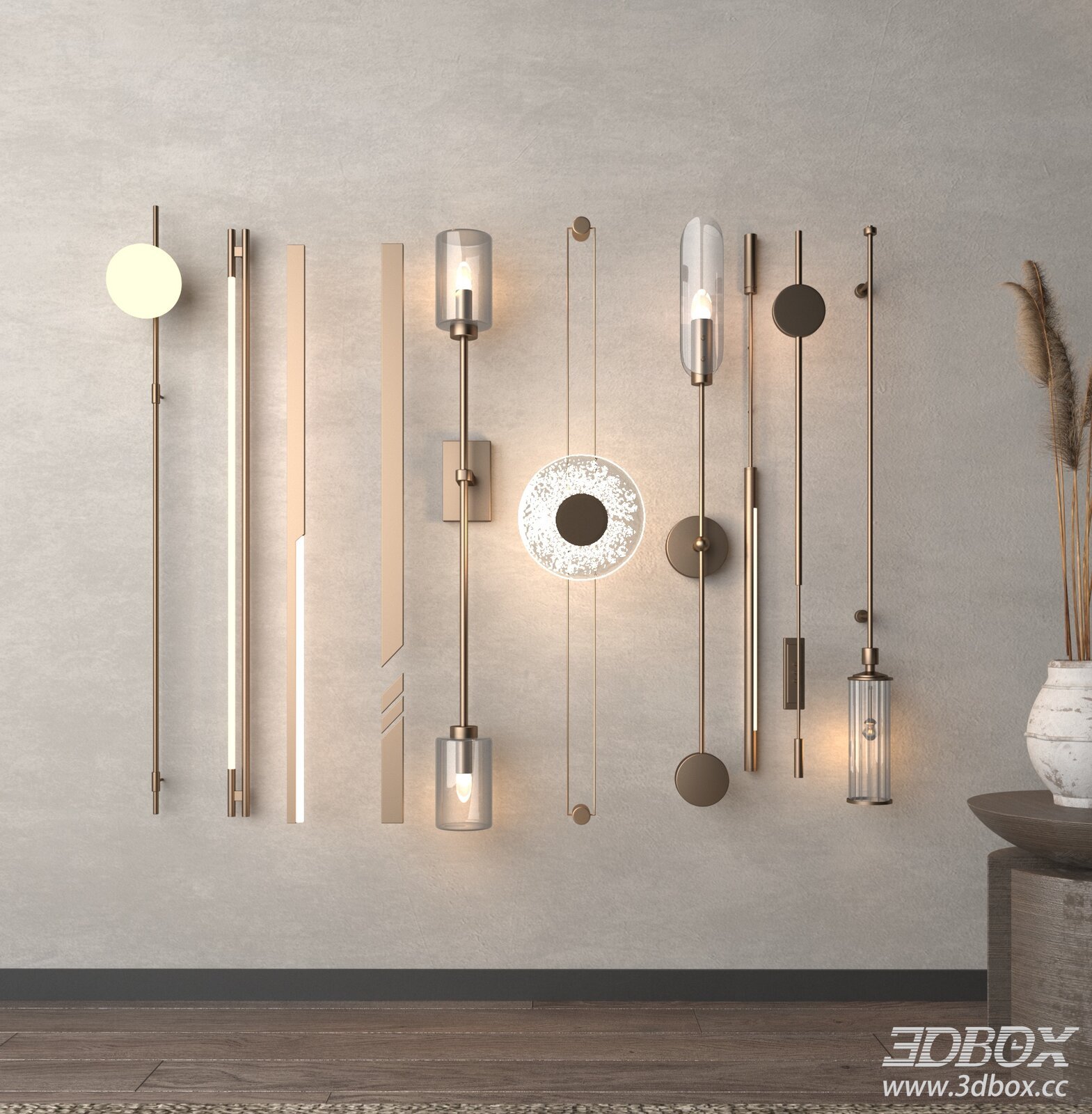 Modern Brass Glass Wall Light Set 3D model - thumbnail 1