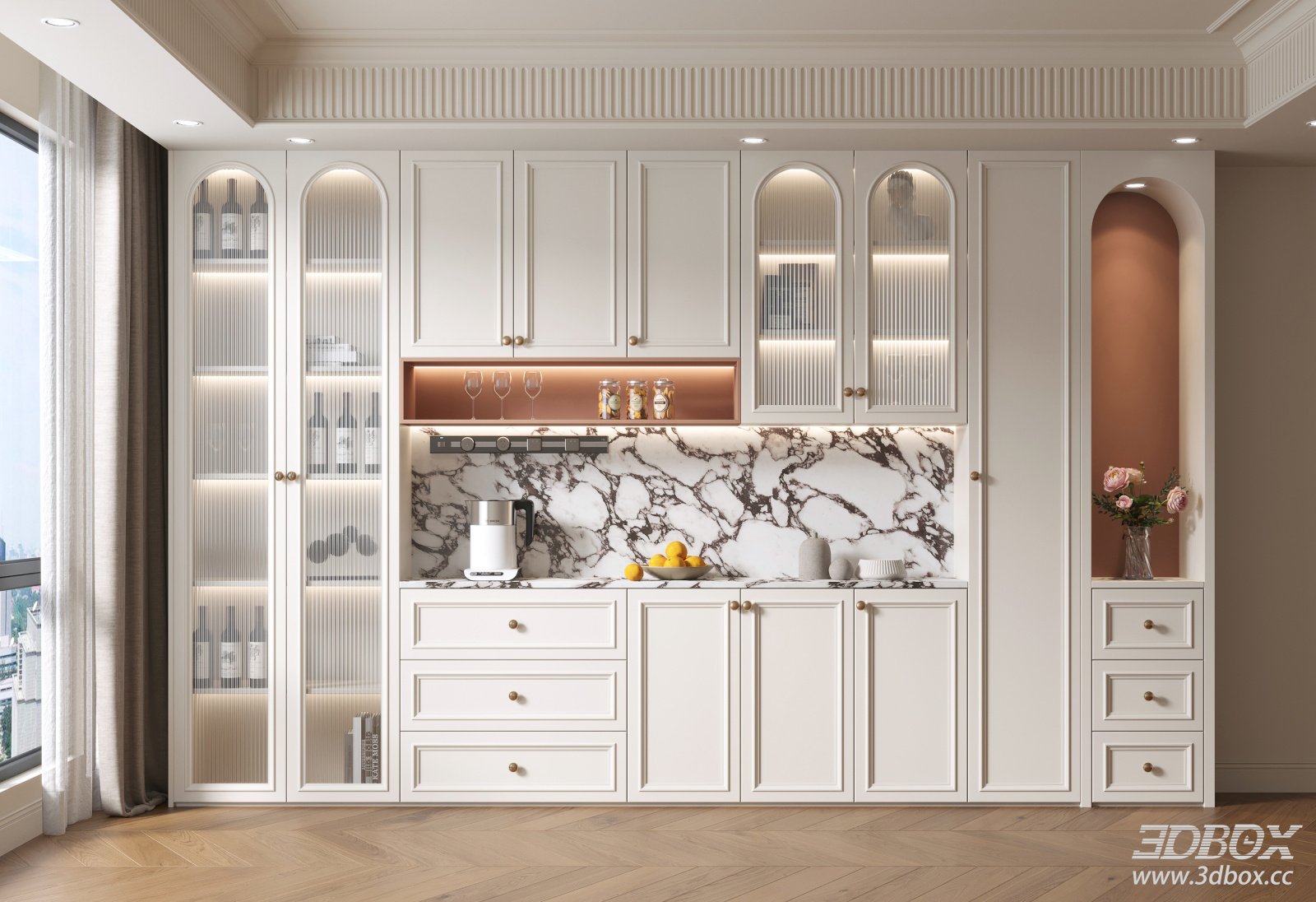 French Style Luxury Wine Cabinet Sideboard with Marble Countertop 3D model - front view