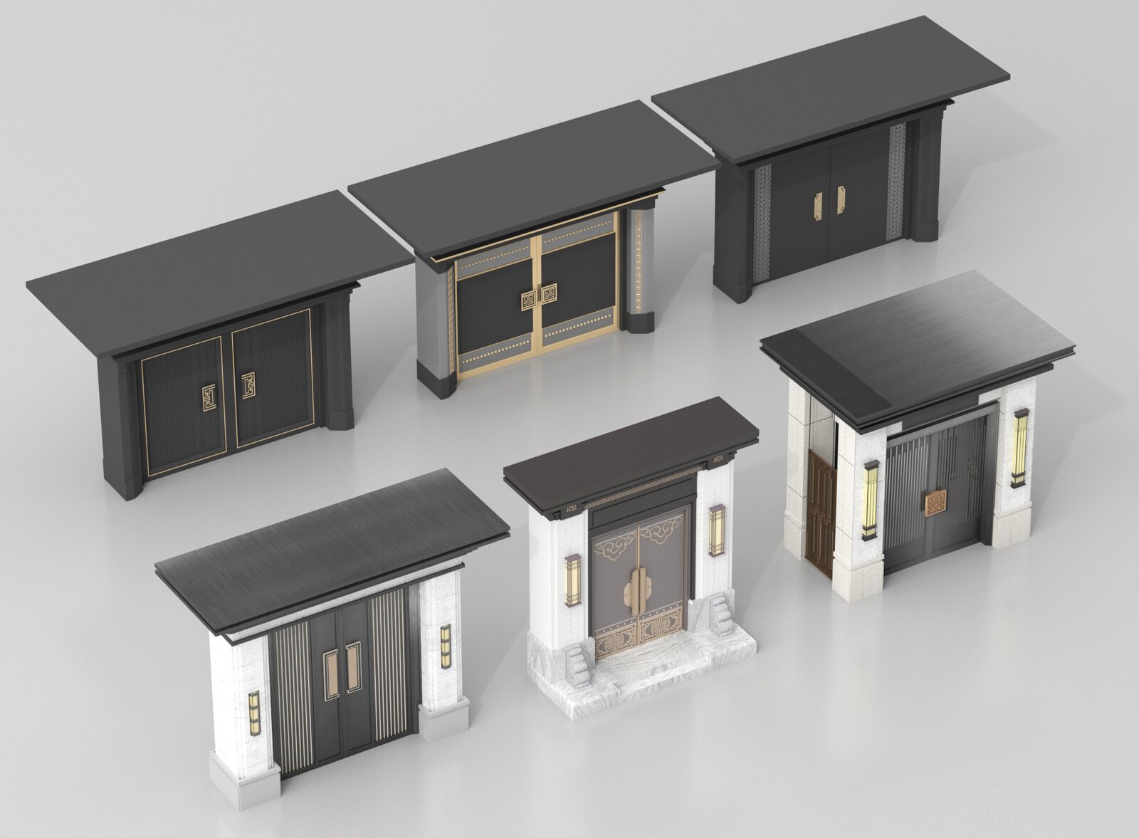 New Chinese Style Villa Courtyard Gate Set 3D model - front view