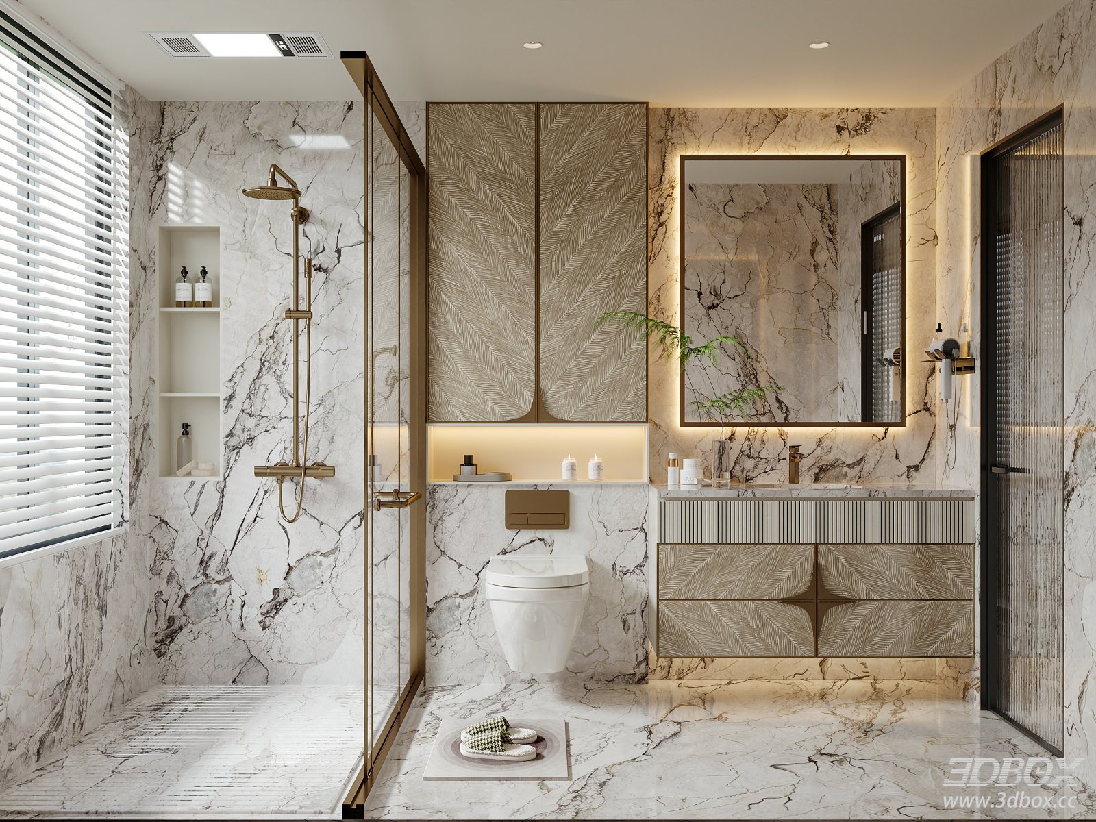 Luxury Modern Marble Bathroom Scene with Vanity and Shower 3D model - front view