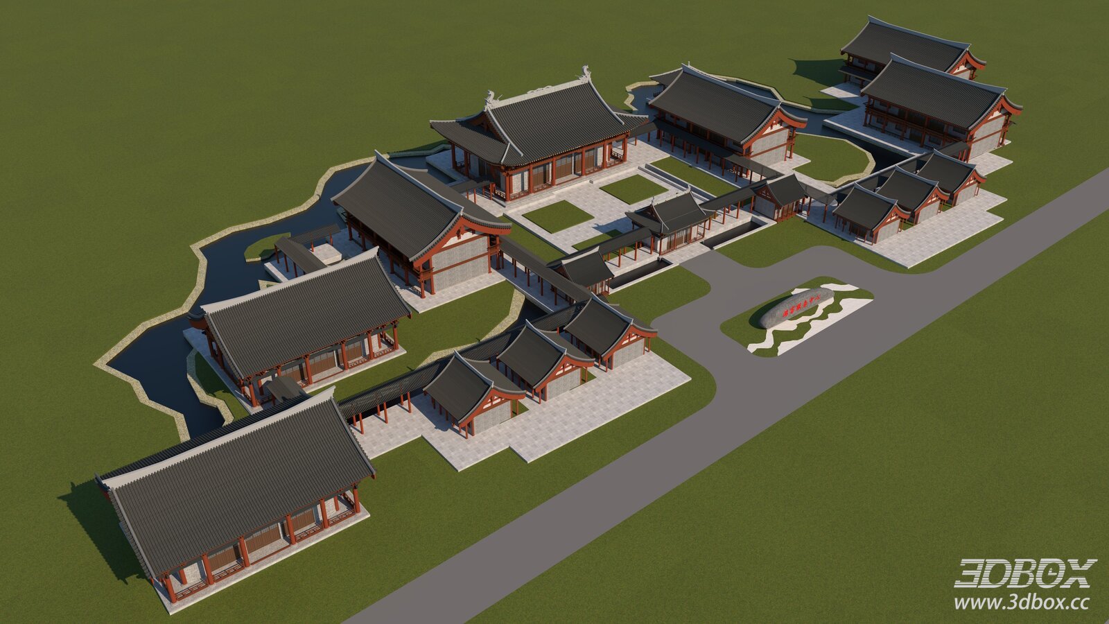 Traditional Tang Dynasty Chinese Ancient Building Complex Exterior 3D model - front view