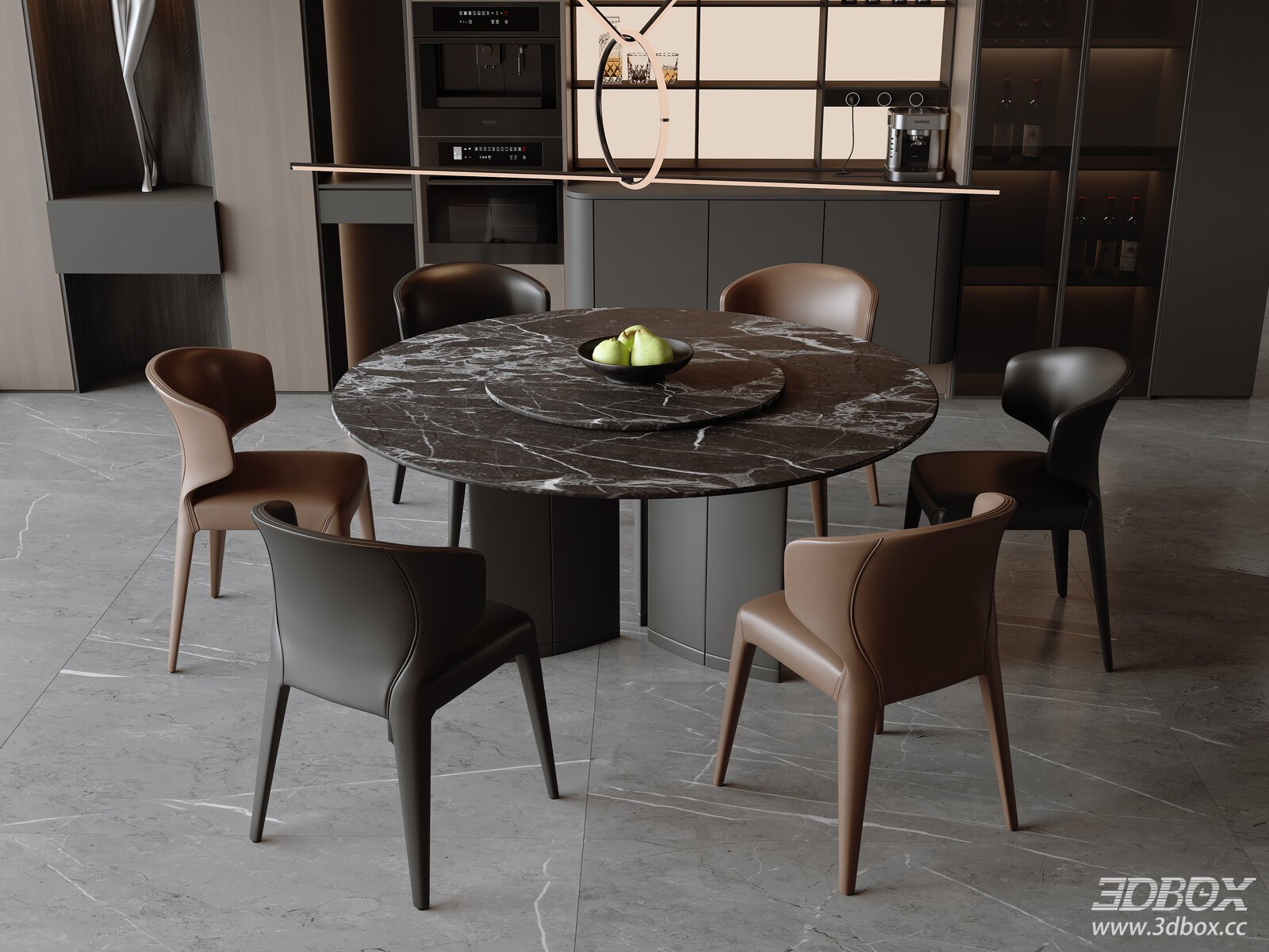 Modern Italian Round Marble Dining Table and Leather Chairs Set 3D model - front view