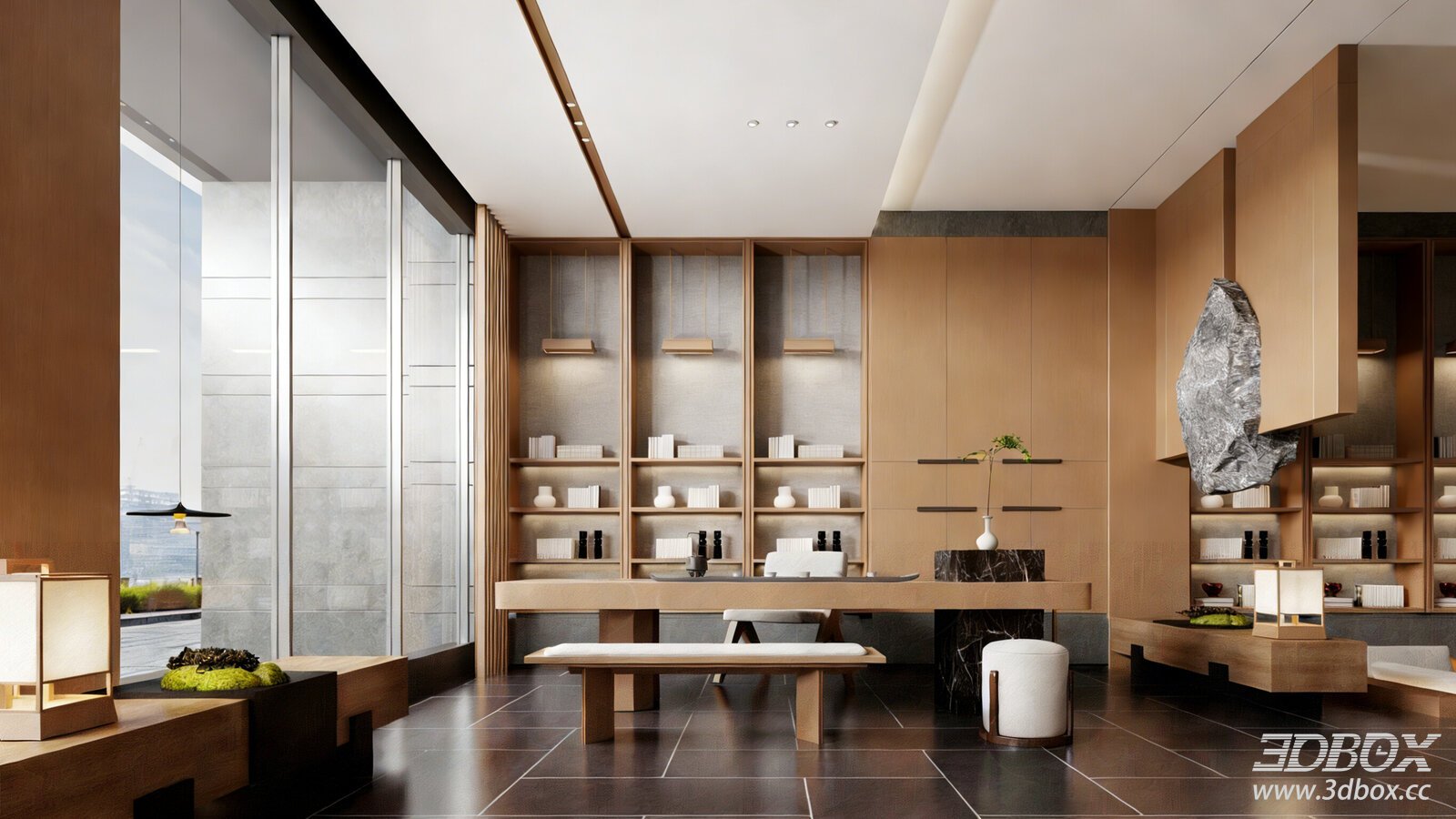 New Chinese Style Modern Tea Room Interior Scene 3D model - front view