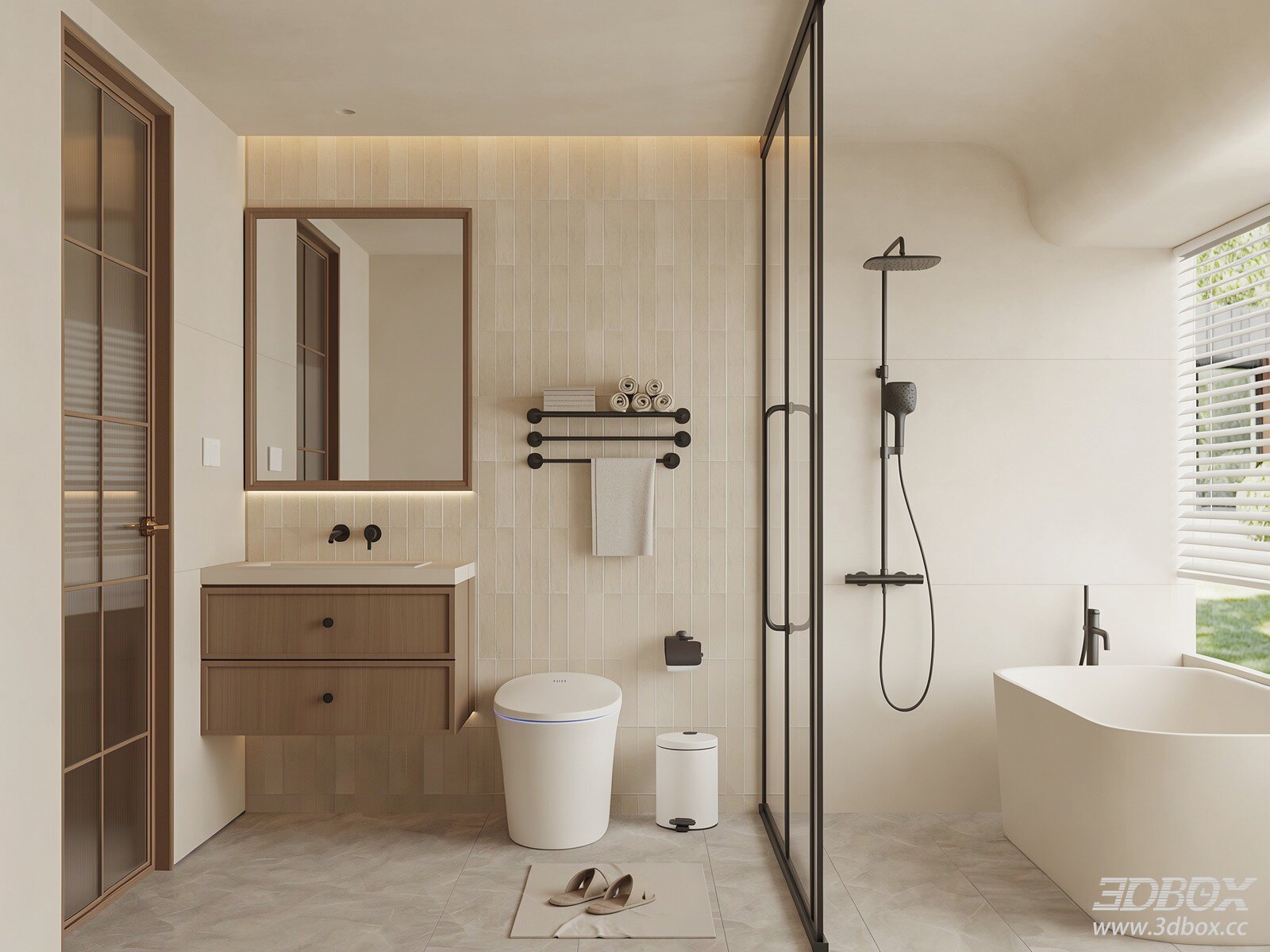Modern Cream Style Complete Bathroom Scene 3D model - front view