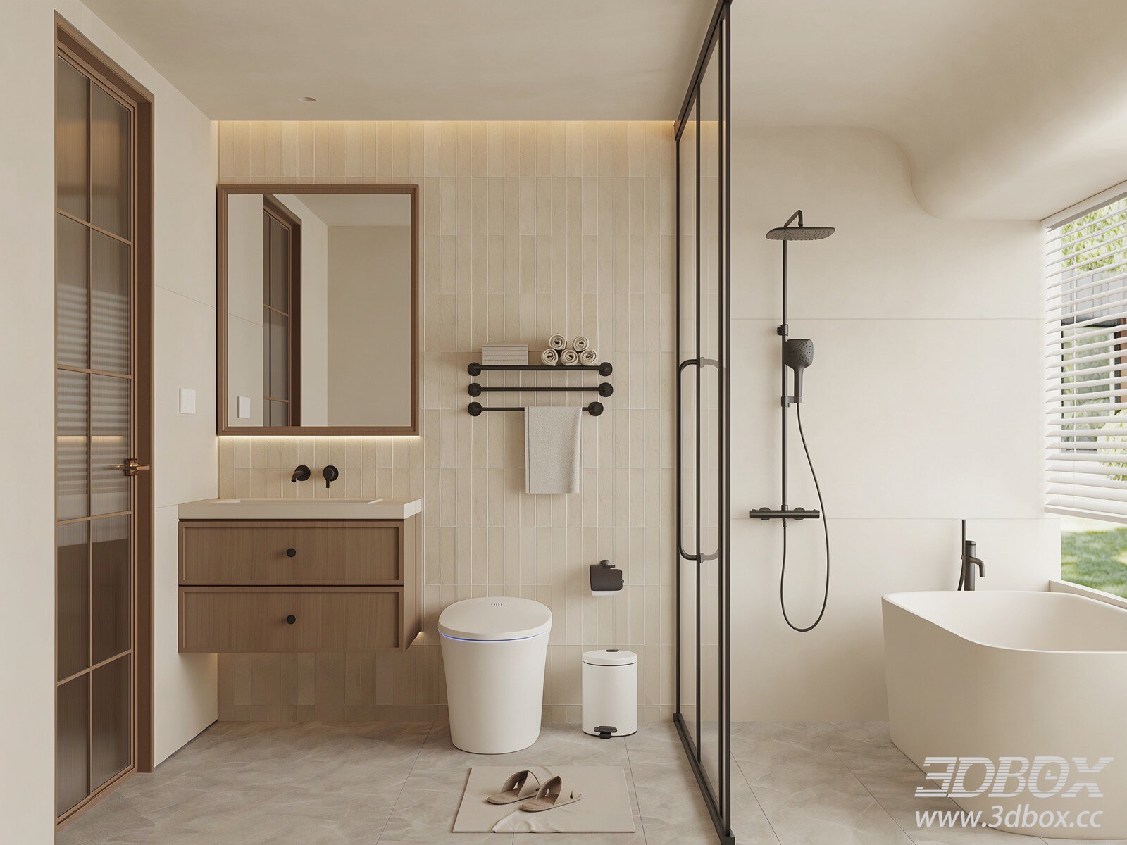 Modern Cream Style Complete Bathroom Scene 3D model - thumbnail 1