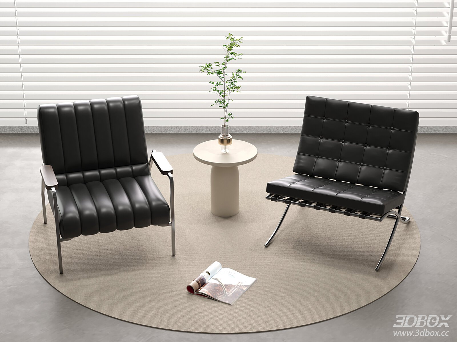 Modern Black Leather Metal Frame Armchair Set with Side Table 3D model - front view