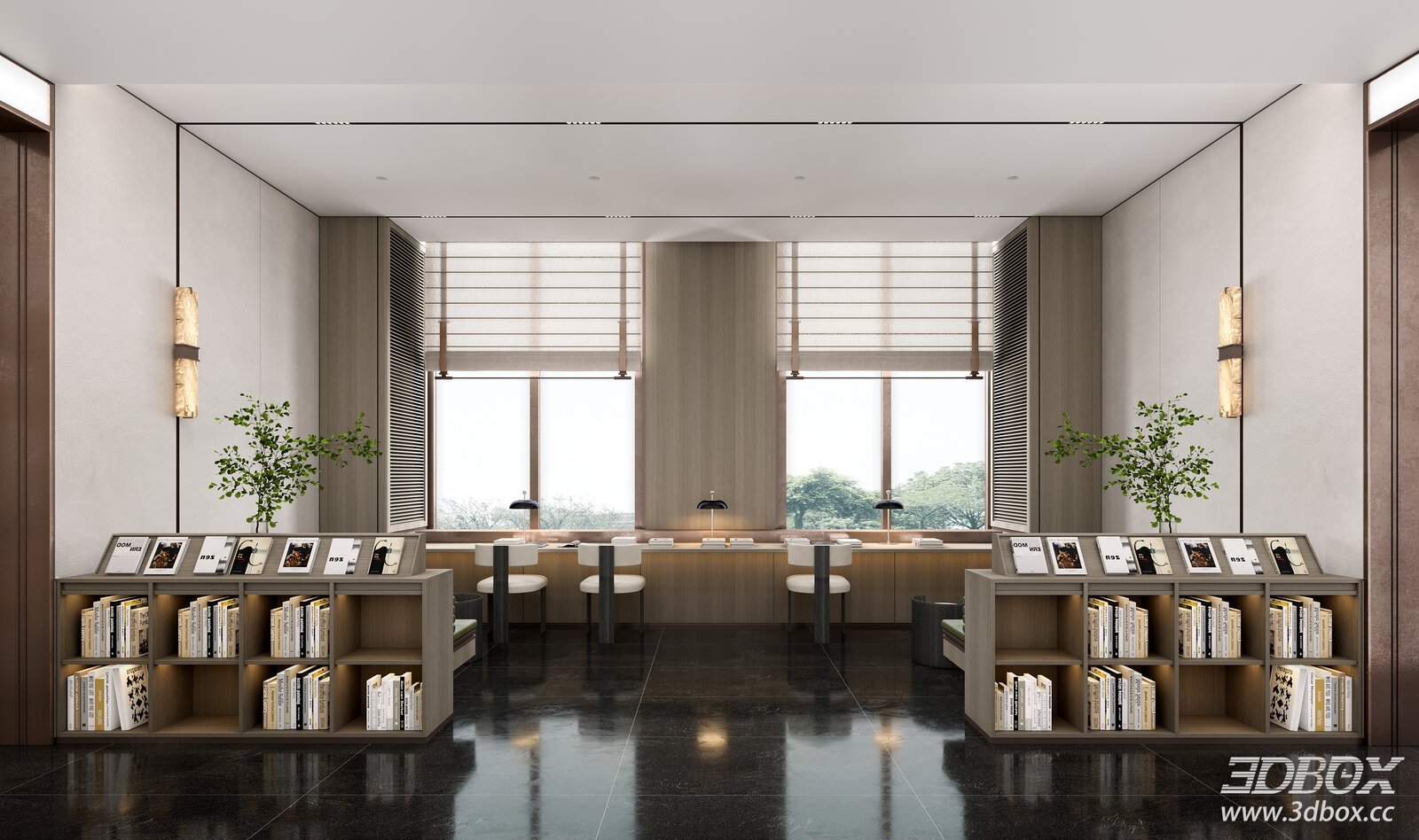 Modern Minimalist Reading Work Room Interior Scene 3D model - front view