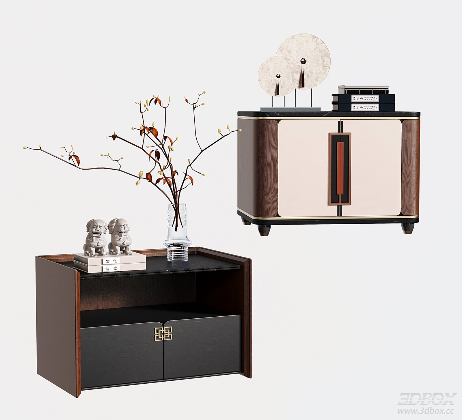 New Chinese Style Nightstand Set with Decorations 3D model - front view