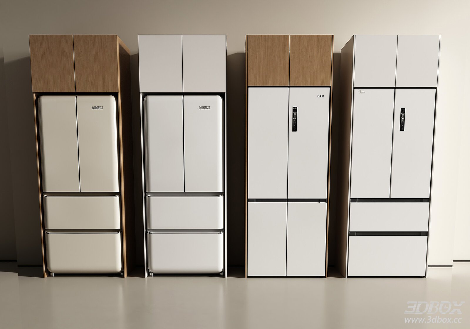 Modern Built-in Refrigerator Set with Cabinets 3D model - front view