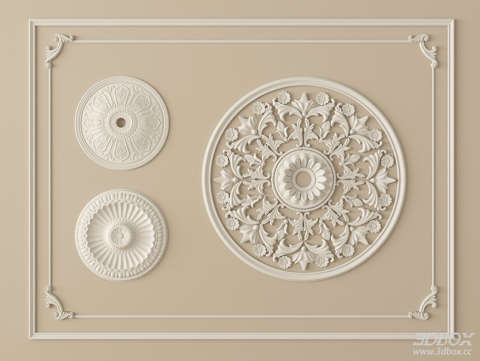 Classic European Decorative Plaster Ceiling Rosette Set 3D model - front view