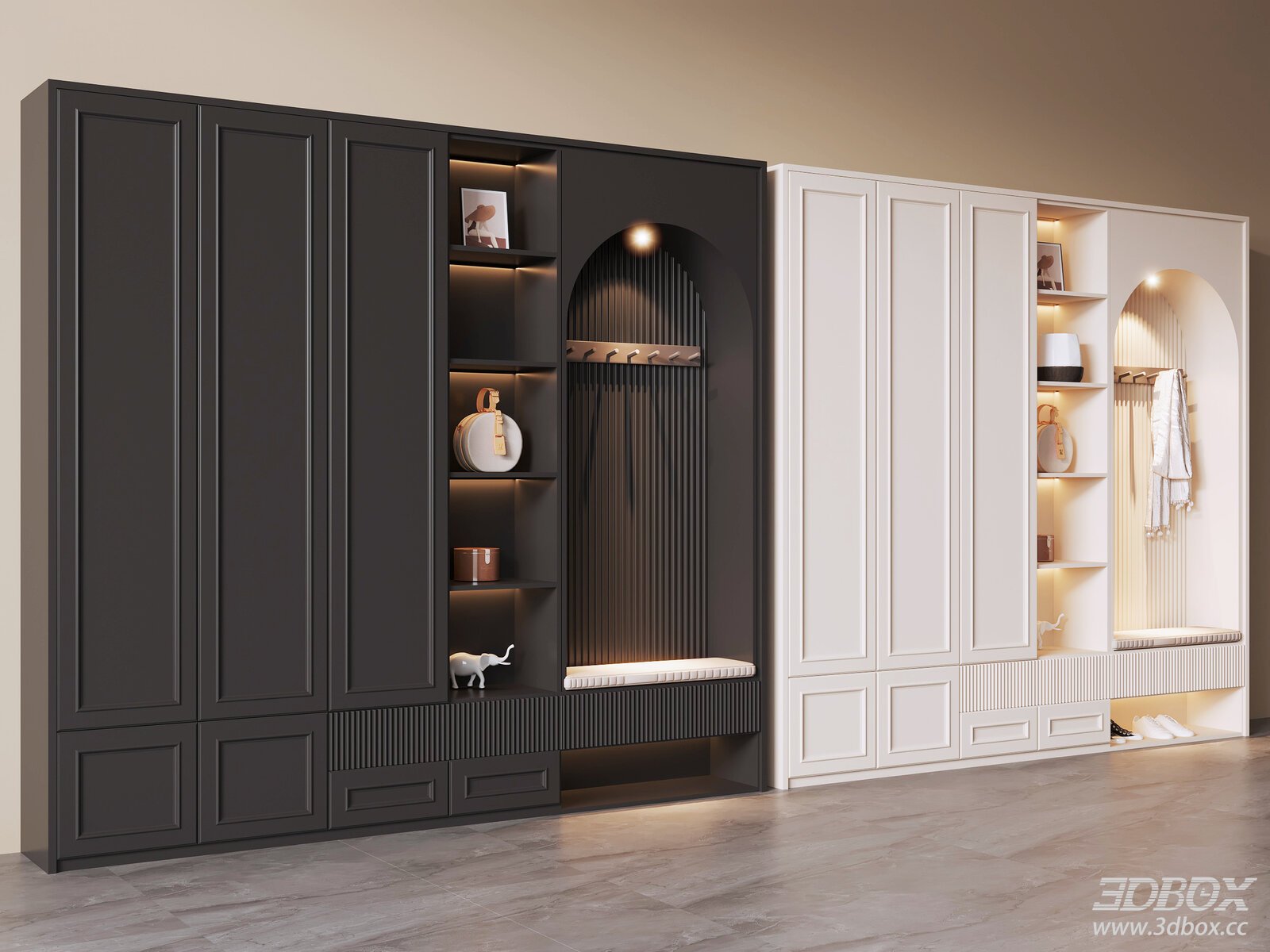 French vintage style entryway wardrobe shoe cabinet set 3D model - front view