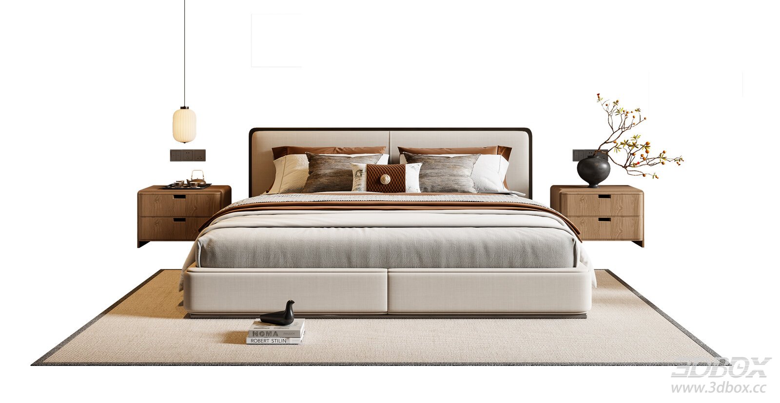 New Chinese Style Fabric Double Bed Set with Nightstands 3D model - front view