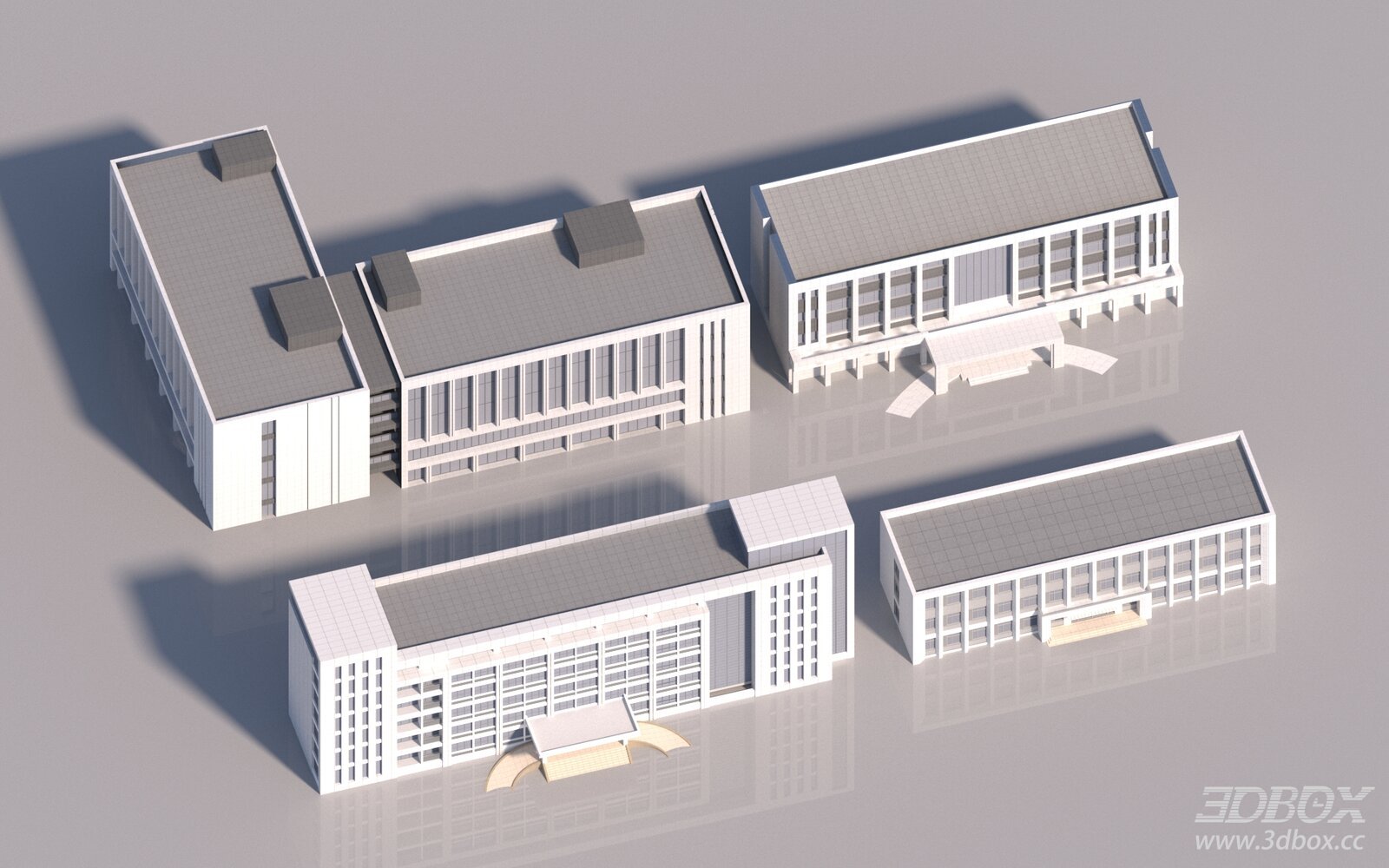 Modern Multi-story Flat Roof Office Building Exterior 3D model - front view