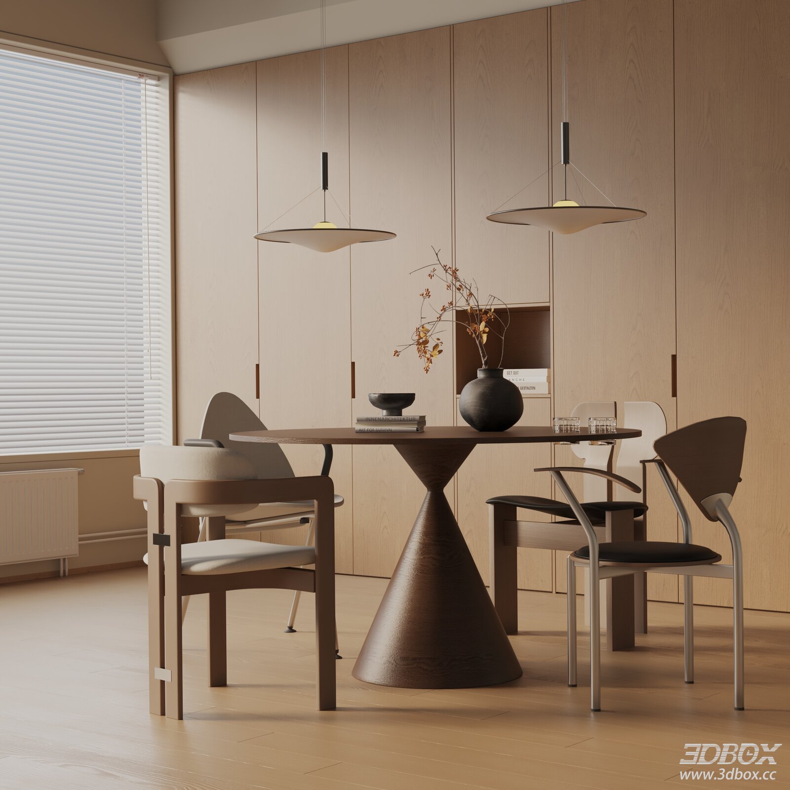 Modern Minimalist Wooden Dining Room Interior Set 3D model - front view