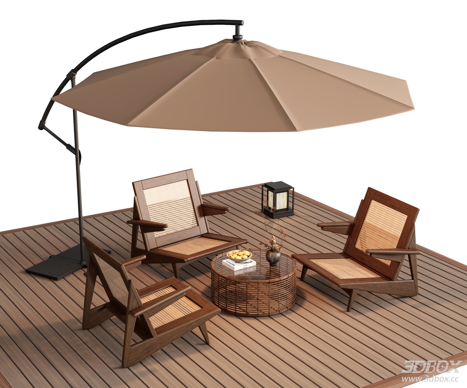 Modern Rattan Outdoor Seating Set with Patio Umbrella 3D model - front view