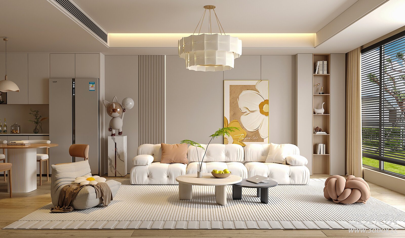 Cream Style Modern Living and Dining Room Interior Scene 3D model - front view