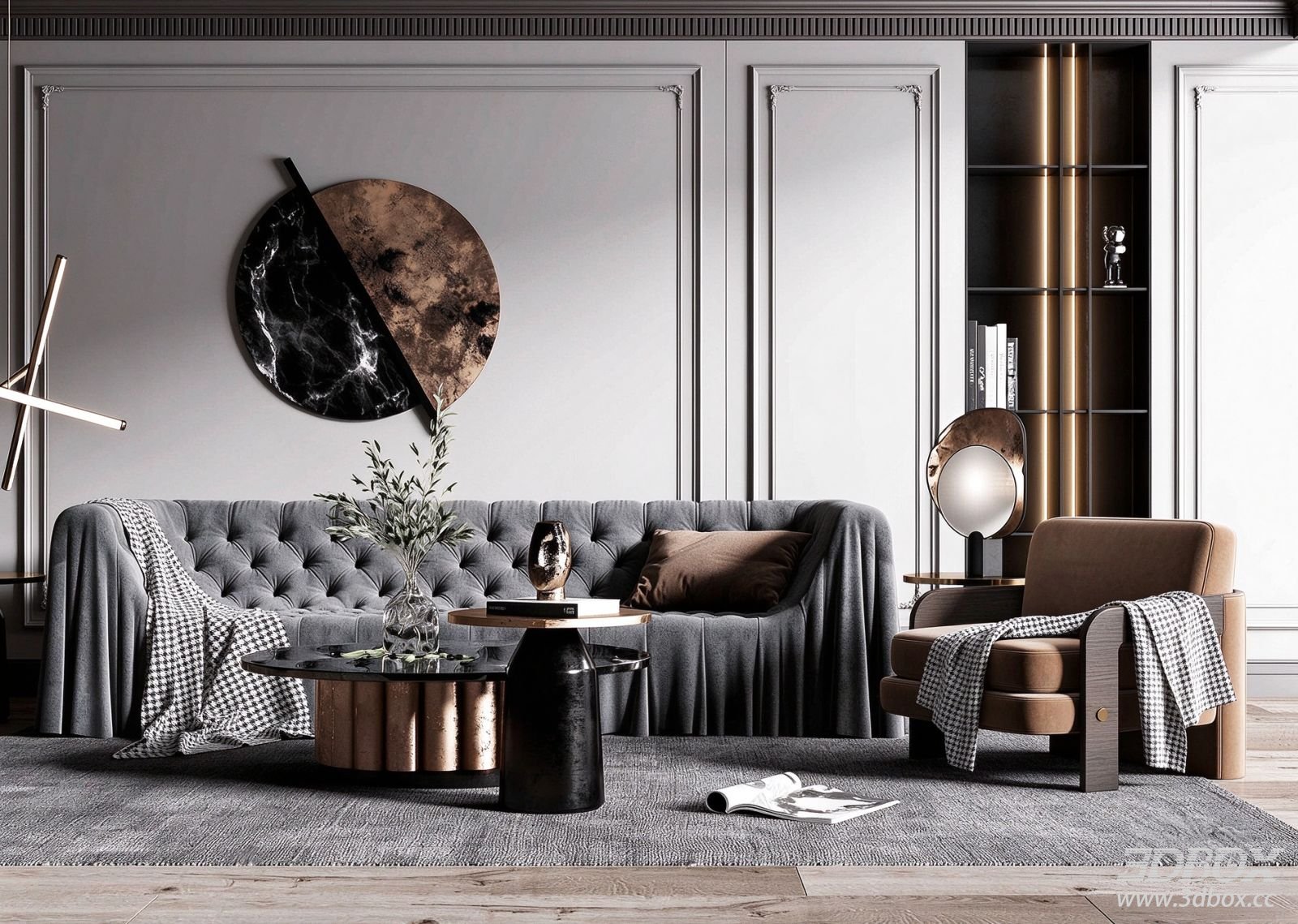 Modern Luxury Living Room with Sofa and Coffee Table Set 3D model - front view
