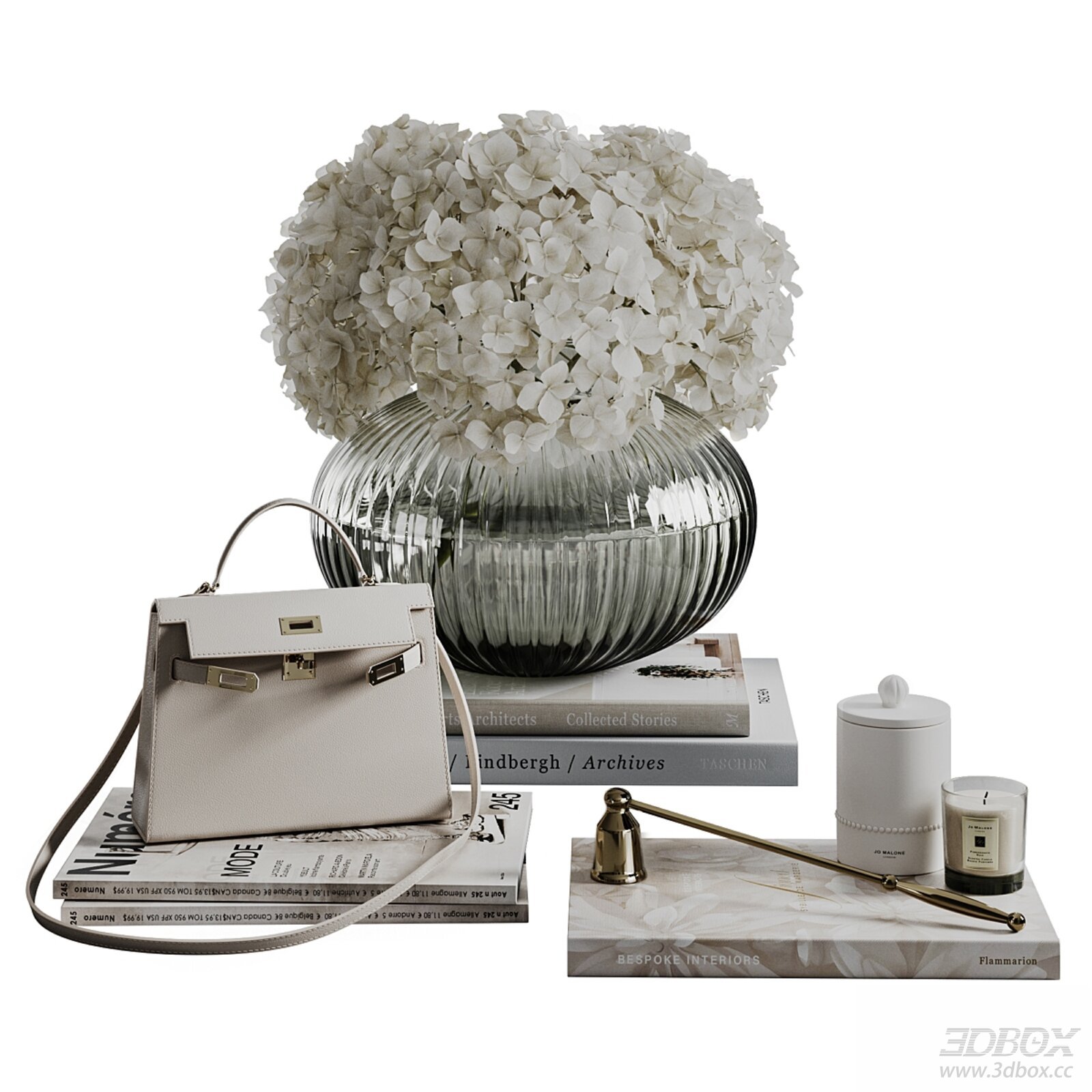 Modern Luxury Tabletop Decorative Set with Hydrangea and Accessories 3D model - front view