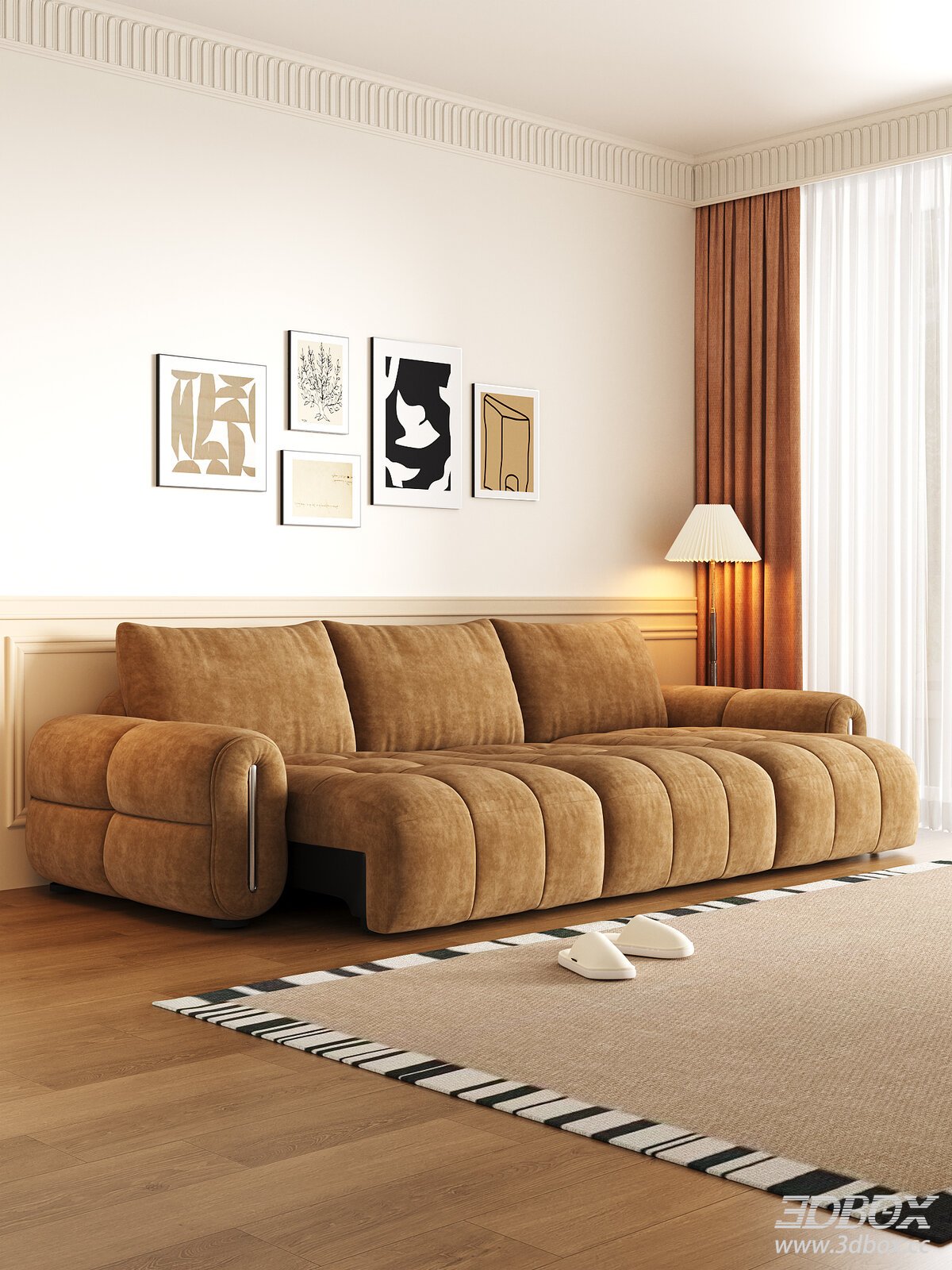 Modern Caramel Velvet Sofa Set for Living Room 3D model - front view