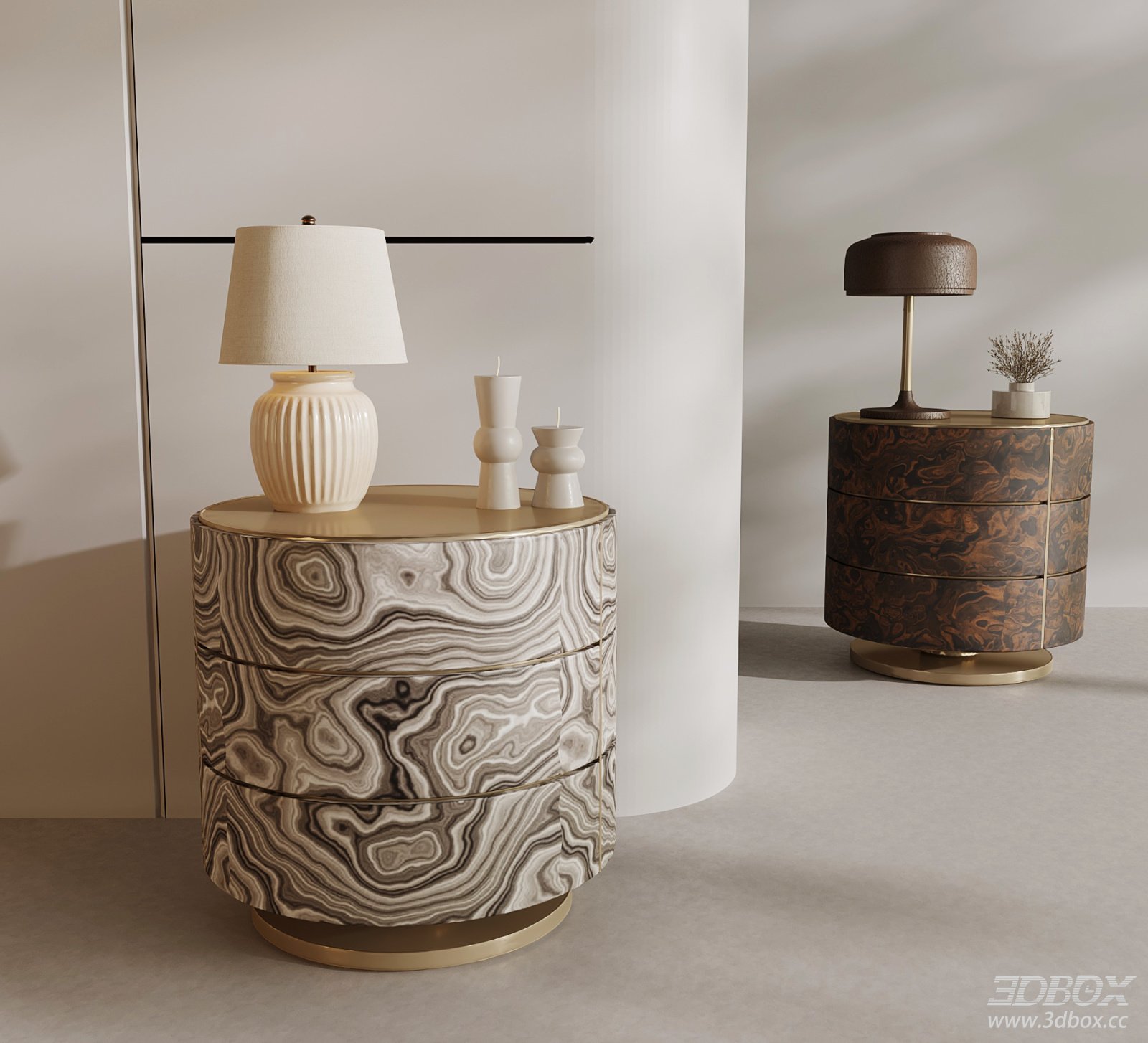 Modern Luxury Burl Wood Brass Side Table Nightstand Set 3D model - front view