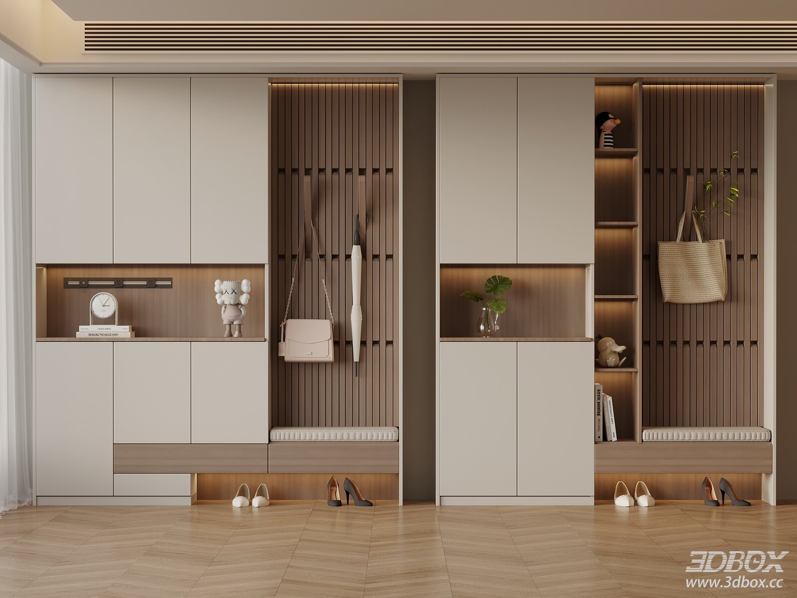 Modern Minimalist Hallway Shoe Cabinet with Hanging Area 3D model - front view