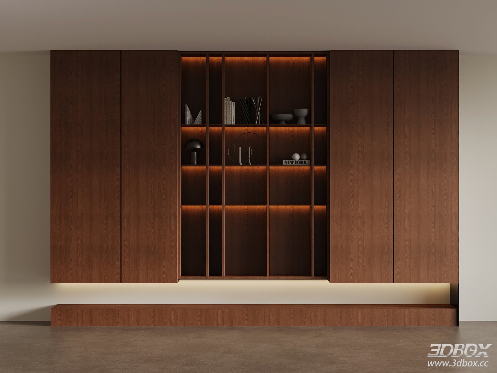 Mid Century Walnut Wood Display Bookshelf with Built-in Lighting 3D model - front view