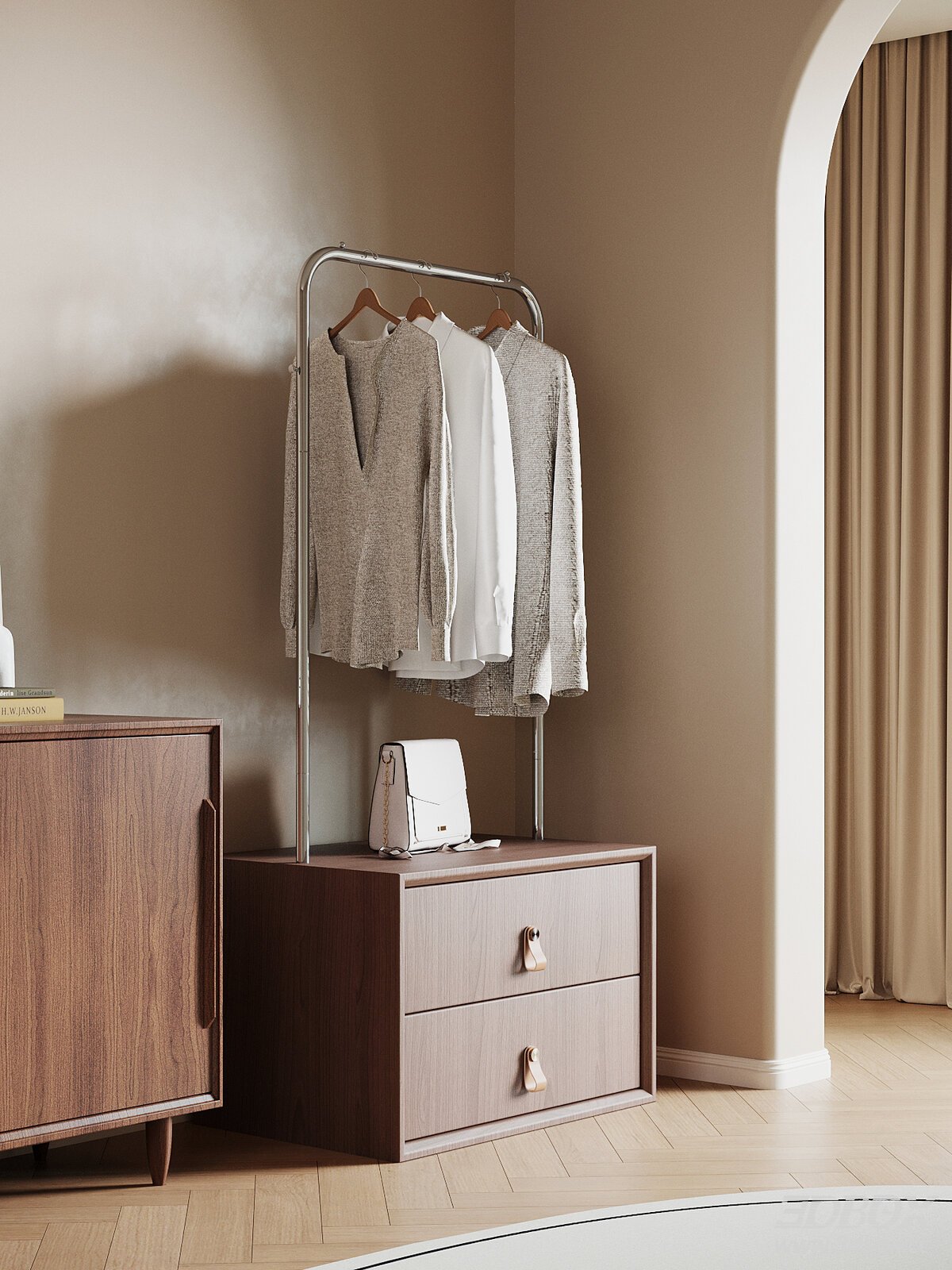 Mid Century Modern Clothes Rack Storage Cabinet Set 3D model - front view