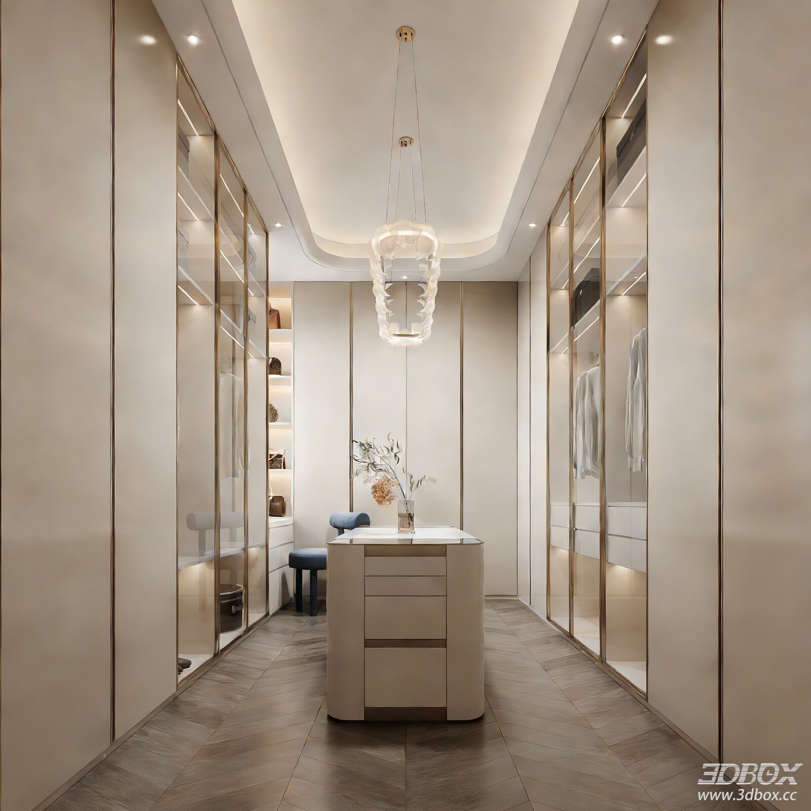 Modern Luxury Walk-in Dressing Room with Glass Wardrobe 3D model - front view