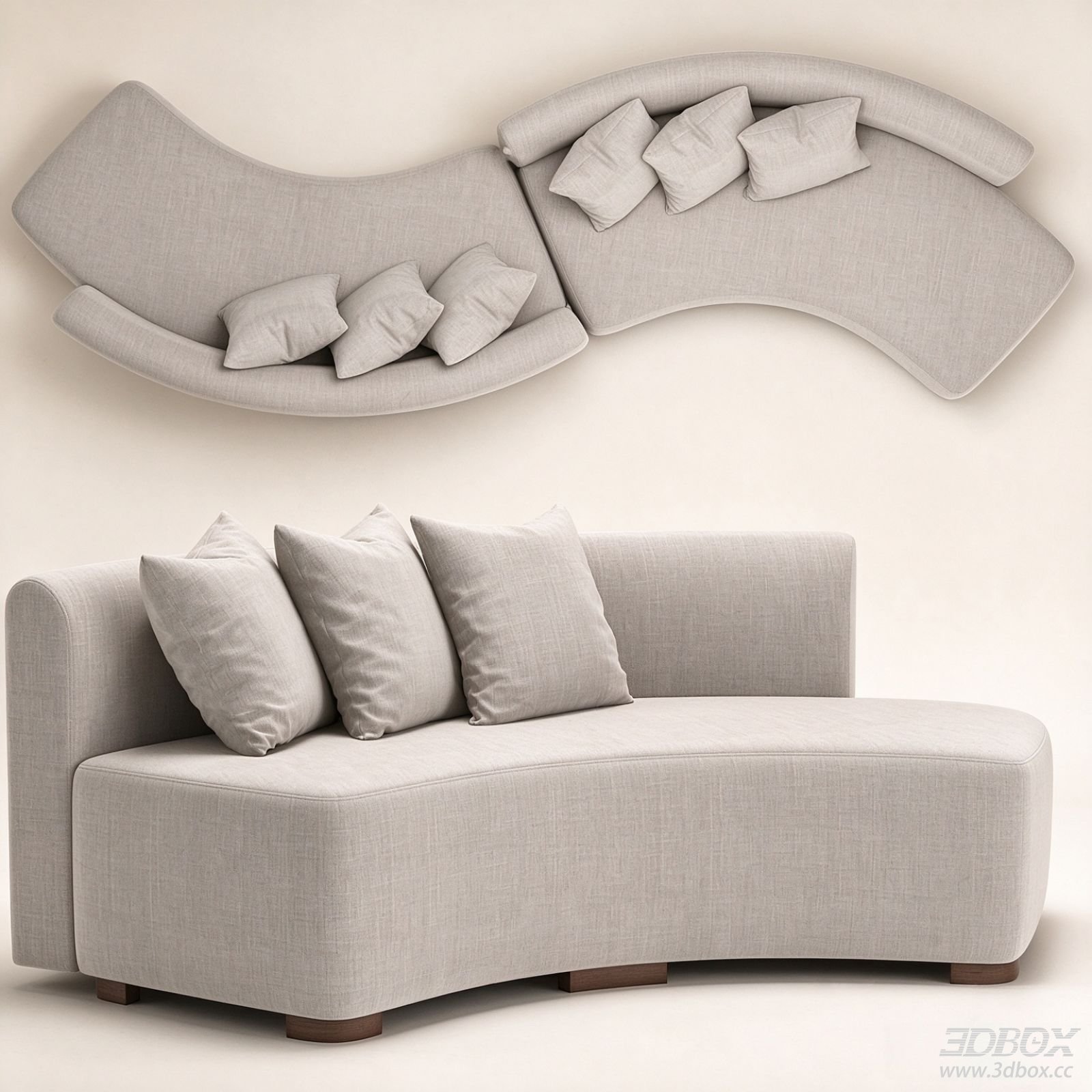 Modern Curved Fabric Sofa Set with Throw Pillows 3D model - front view