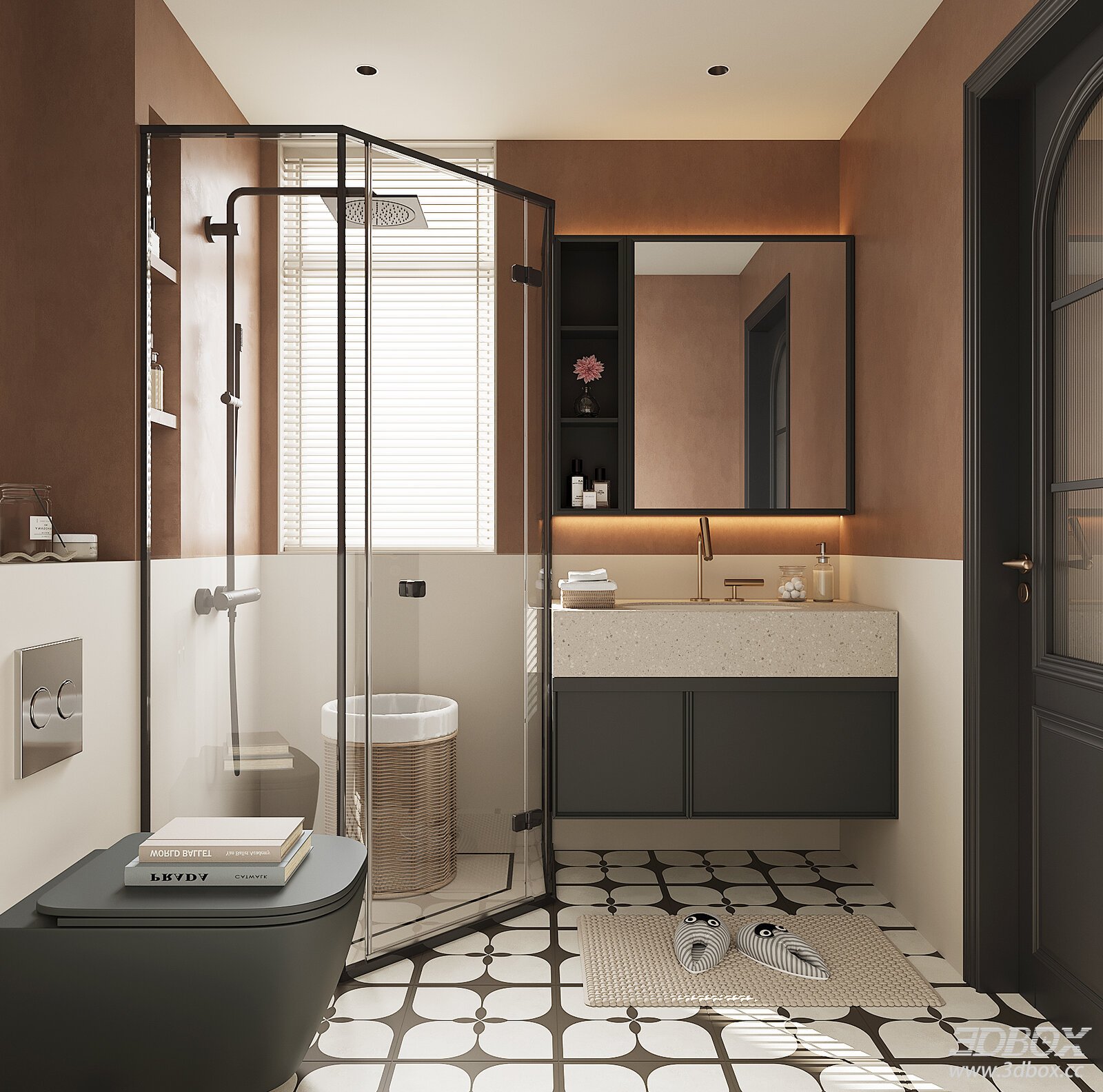 French Vintage Mid-Century Modern Bathroom Scene 3D model - front view