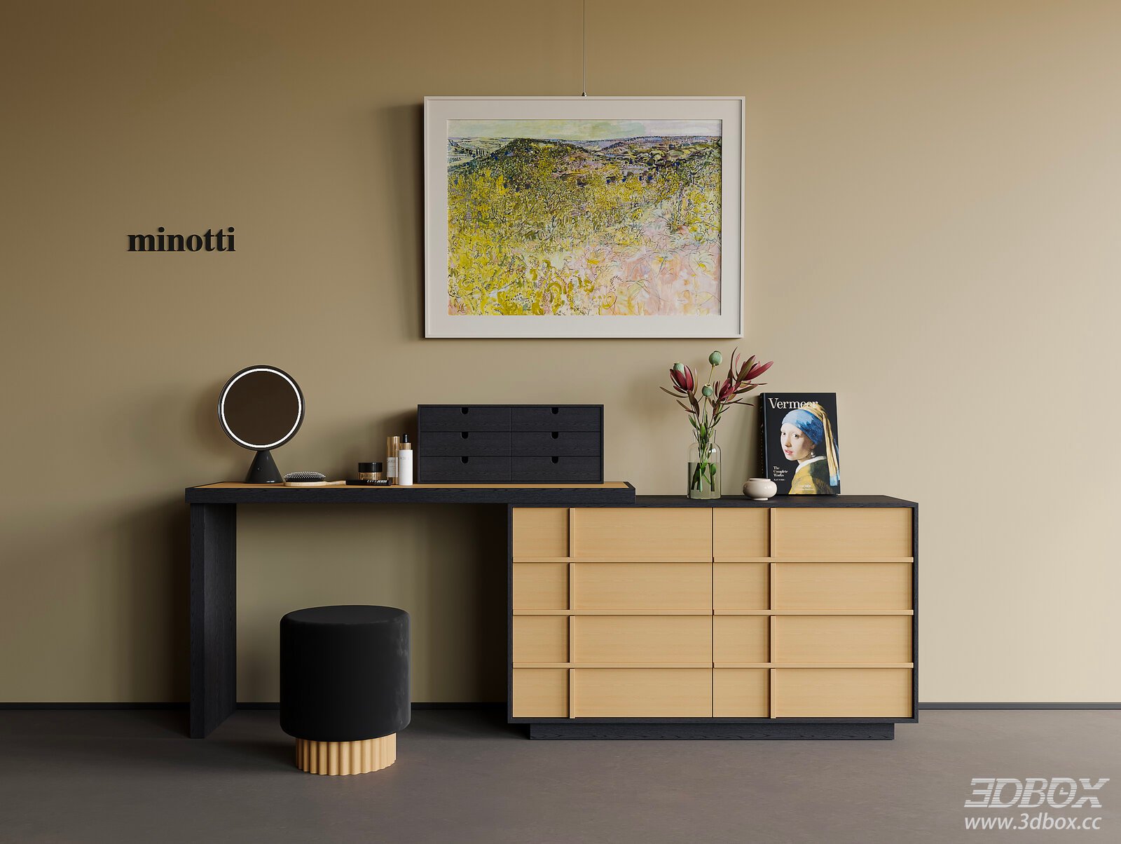 Modern Mid Century Dressing Table with Stool and Decor Set 3D model - front view