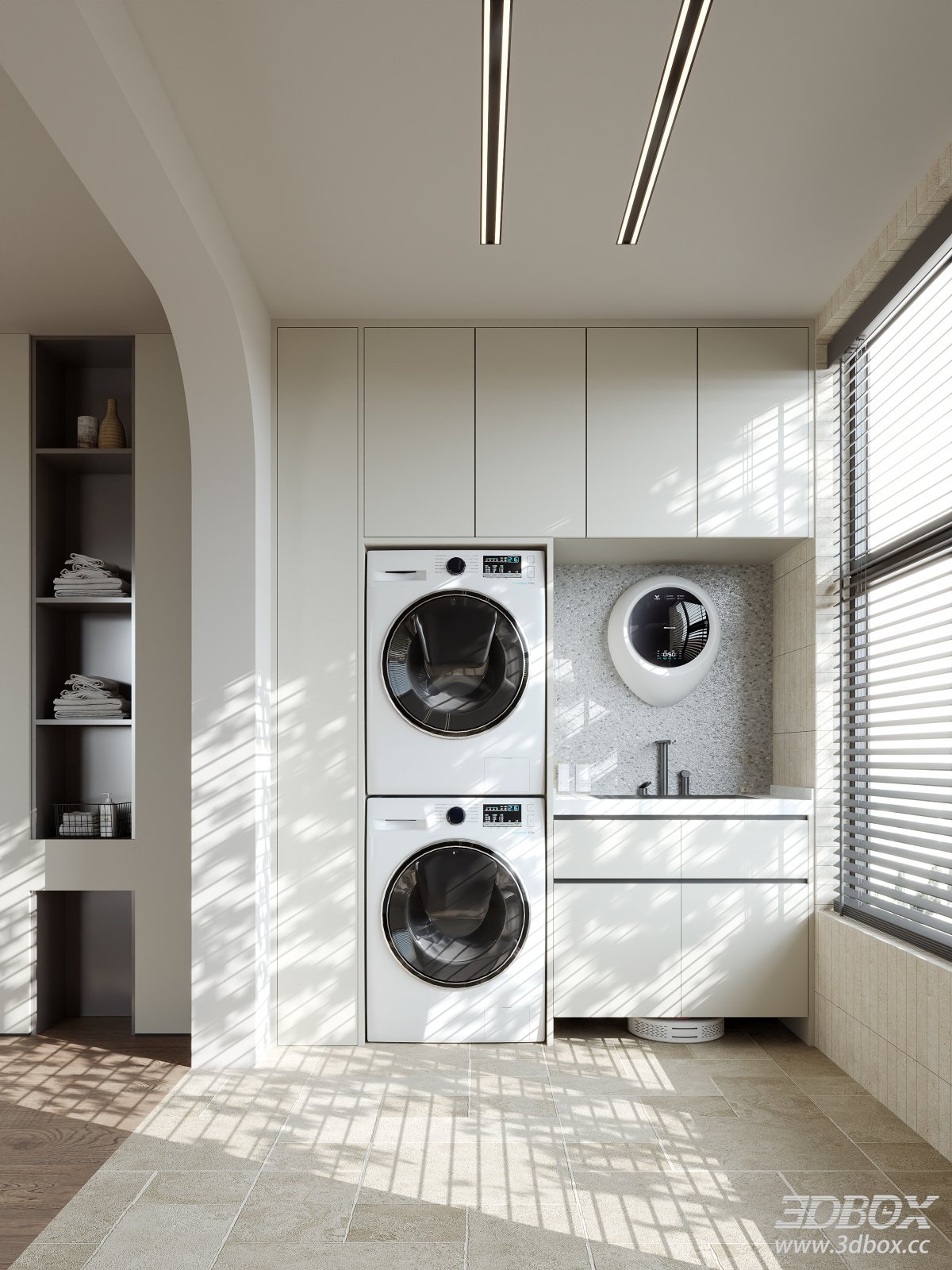 Modern Minimalist Laundry Balcony Scene with Stacked Washers 3D model - front view