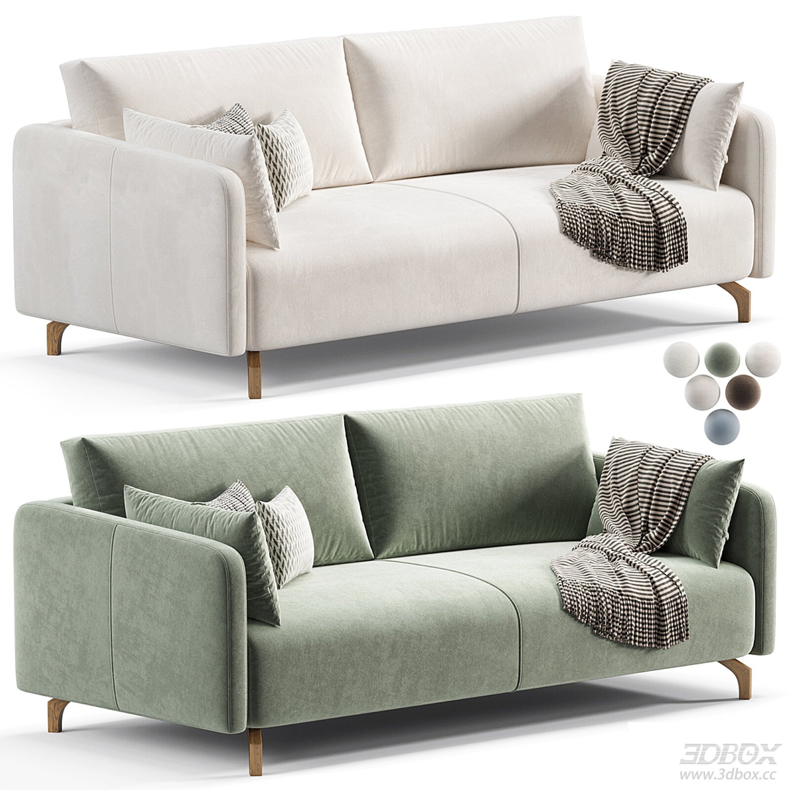 Modern Upholstered Double Sofa with Wooden Legs 3D model - front view